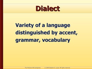 Dialect Variety of a language distinguished by accent, grammar, vocabulary