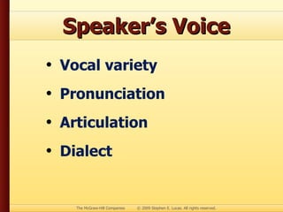 Speaker’s Voice Vocal variety Pronunciation Articulation Dialect