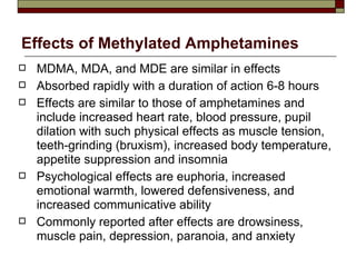 Effects of Methylated Amphetamines MDMA, MDA, and MDE are similar in effects Absorbed rapidly with a duration of action 6-8 hours Effects are similar to those of amphetamines and include increased heart rate, blood pressure, pupil dilation with such physical effects as muscle tension, teeth-grinding (bruxism), increased body temperature, appetite suppression and insomnia Psychological effects are euphoria, increased emotional warmth, lowered defensiveness, and increased communicative ability Commonly reported after effects are drowsiness, muscle pain, depression, paranoia, and anxiety 