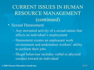 CURRENT ISSUES IN HUMAN RESOURCE MANAGEMENT (continued) Sexual Harassment Any unwanted activity of a sexual nature that affects an individual’s employment Harassment creates an unpleasant work environment and undermines workers’ ability to perform their jobs Illegal behaviour includes verbal or physical conduct toward an individual 12.32 