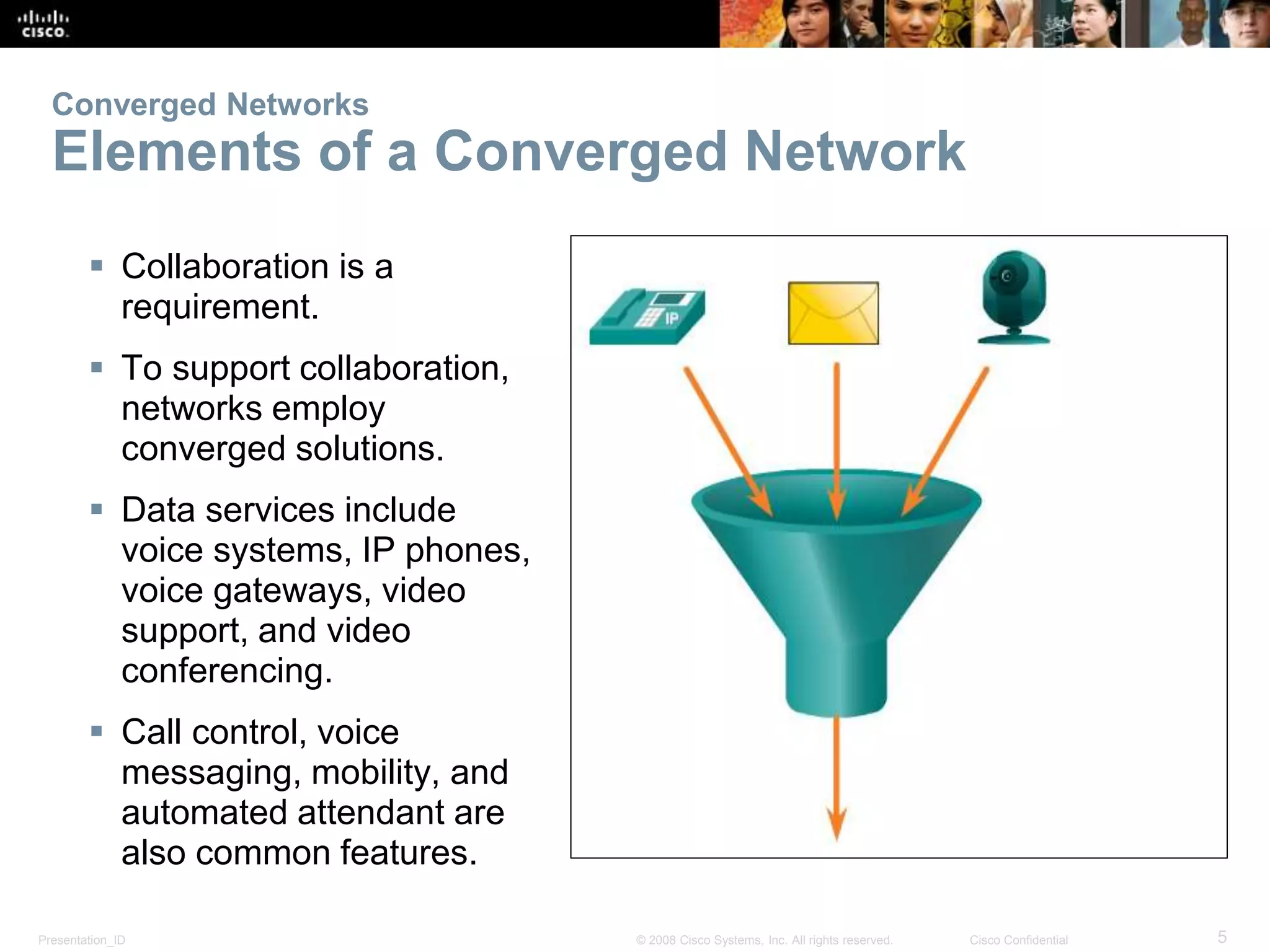 Presentation_ID 5© 2008 Cisco Systems, Inc. All rights reserved. Cisco Confidential
Converged Networks
Elements of a Converged Network
 Collaboration is a
requirement.
 To support collaboration,
networks employ
converged solutions.
 Data services include
voice systems, IP phones,
voice gateways, video
support, and video
conferencing.
 Call control, voice
messaging, mobility, and
automated attendant are
also common features.
 