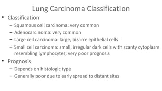 Lung Carcinoma Classification
• Classification
–
–
–
–

Squamous cell carcinoma: very common
Adenocarcinoma: very common
Large cell carcinoma: large, bizarre epithelial cells
Small cell carcinoma: small, irregular dark cells with scanty cytoplasm
resembling lymphocytes; very poor prognosis

• Prognosis
– Depends on histologic type
– Generally poor due to early spread to distant sites

 