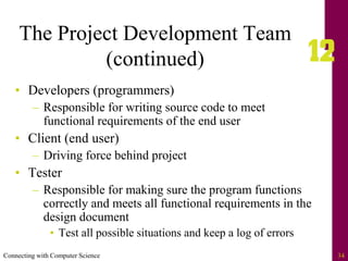 Connecting with Computer Science 34
The Project Development Team
(continued)
• Developers (programmers)
– Responsible for writing source code to meet
functional requirements of the end user
• Client (end user)
– Driving force behind project
• Tester
– Responsible for making sure the program functions
correctly and meets all functional requirements in the
design document
• Test all possible situations and keep a log of errors
 
