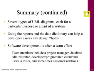 Connecting with Computer Science 39
Summary (continued)
• Several types of UML diagrams, each for a
particular purpose or a part of a system
• Using the reports and the data dictionary can help a
developer assess any design “holes”
• Software development is often a team effort
– Team members include a project manager, database
administrator, developer/programmer, client/end
users, a tester, and sometimes customer relations
 