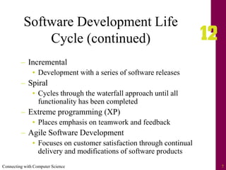 Connecting with Computer Science 7
Software Development Life
Cycle (continued)
– Incremental
• Development with a series of software releases
– Spiral
• Cycles through the waterfall approach until all
functionality has been completed
– Extreme programming (XP)
• Places emphasis on teamwork and feedback
– Agile Software Development
• Focuses on customer satisfaction through continual
delivery and modifications of software products
 