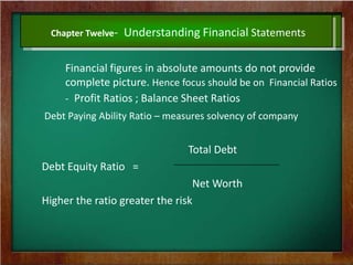 Chapter Twelve- Understanding Financial Statements
Financial figures in absolute amounts do not provide
complete picture. Hence focus should be on Financial Ratios
- Profit Ratios ; Balance Sheet Ratios
Debt Paying Ability Ratio – measures solvency of company
Total Debt
Debt Equity Ratio =
Net Worth
Higher the ratio greater the risk
 