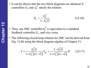 Chapter
12
18
*
c
G
*
*
(12-16)
1
c
c
c
G
G
G G


• Thus, any IMC controller is equivalent to a standard
feedback controller Gc, and vice versa.
• The following closed-loop relation for IMC can be derived from
Fig. 12.6b using the block diagram algebra of Chapter 11:
*
c
G
   
* *
* *
1
(12-17)
1 1
c c
sp
c c
G G G G
Y Y D
G G G G G G

 
   
• It can be shown that the two block diagrams are identical if
controllers Gc and satisfy the relation
 
