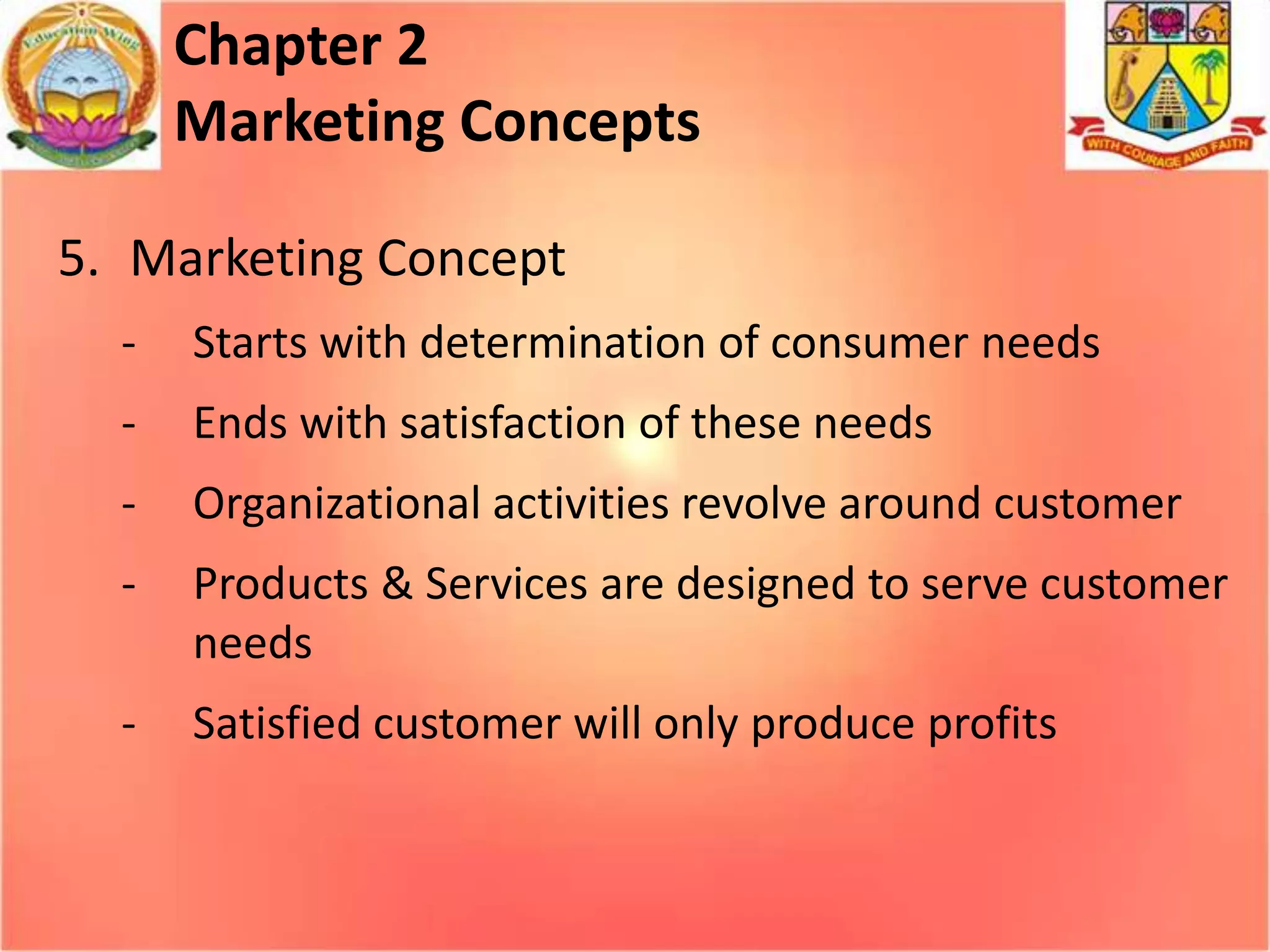 Chapter 2
Marketing Concepts
5. Marketing Concept
-

Starts with determination of consumer needs

-

Ends with satisfaction of these needs

-

Organizational activities revolve around customer

-

Products & Services are designed to serve customer
needs

-

Satisfied customer will only produce profits

 