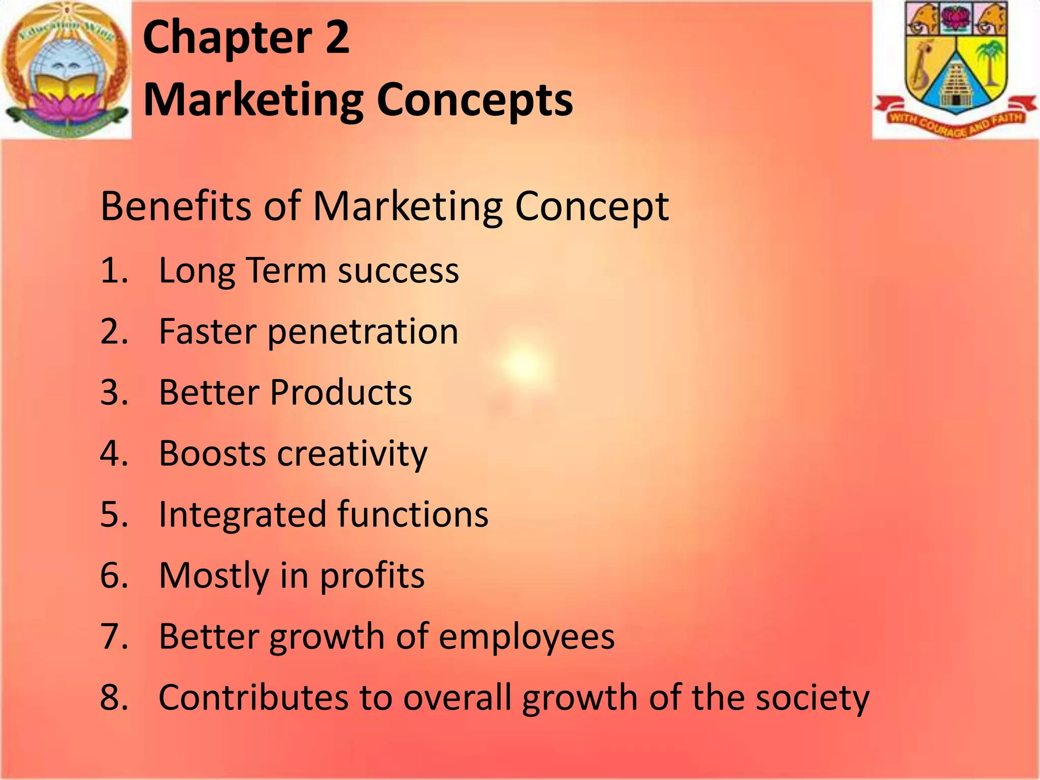 Chapter 2
Marketing Concepts
Benefits of Marketing Concept
1. Long Term success

2. Faster penetration
3. Better Products
4. Boosts creativity

5. Integrated functions
6. Mostly in profits
7. Better growth of employees

8. Contributes to overall growth of the society

 