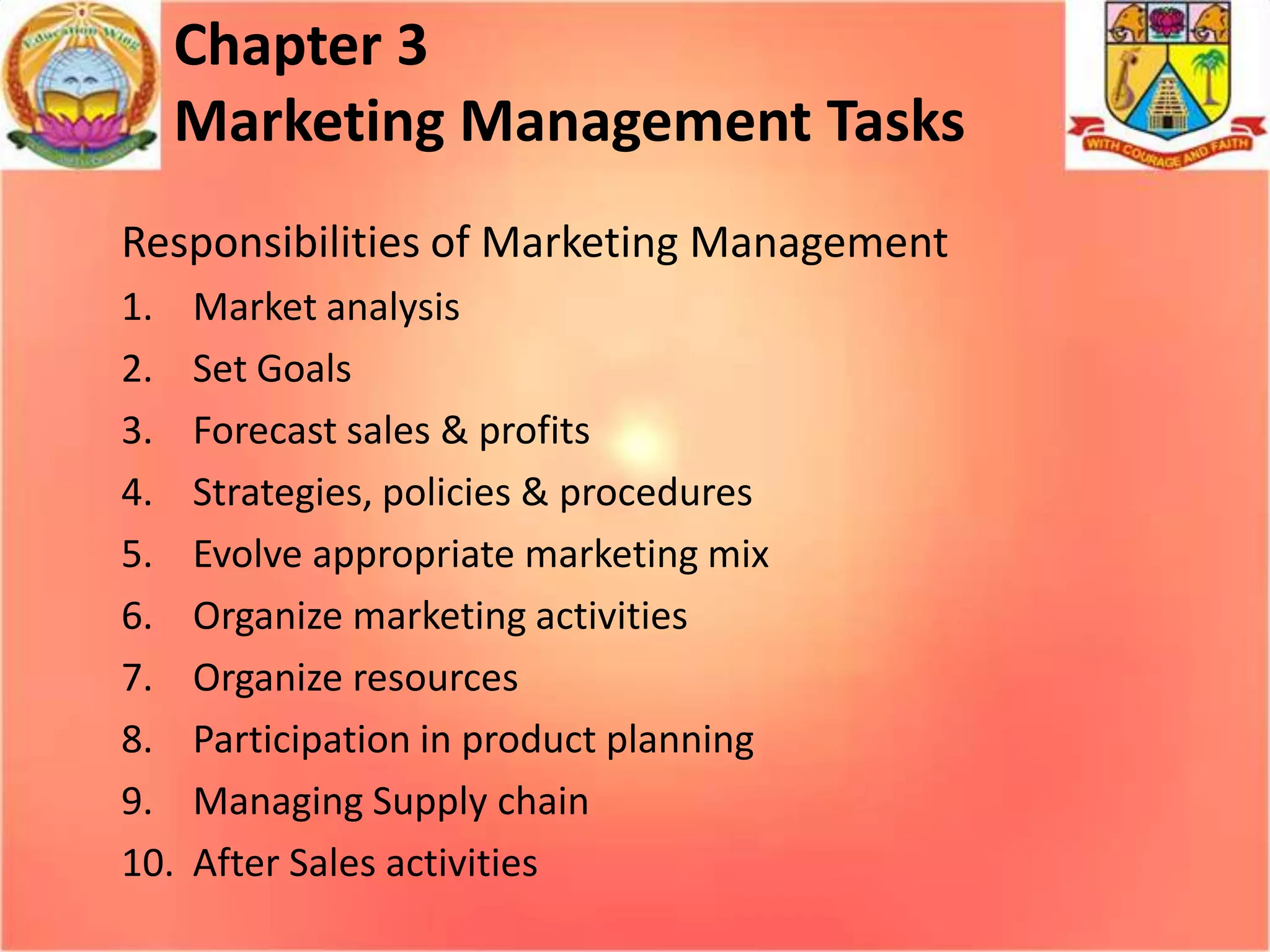 Chapter 3
Marketing Management Tasks
Responsibilities of Marketing Management
1.
2.
3.
4.
5.
6.
7.
8.
9.
10.

Market analysis
Set Goals
Forecast sales & profits
Strategies, policies & procedures
Evolve appropriate marketing mix
Organize marketing activities
Organize resources
Participation in product planning
Managing Supply chain
After Sales activities

 