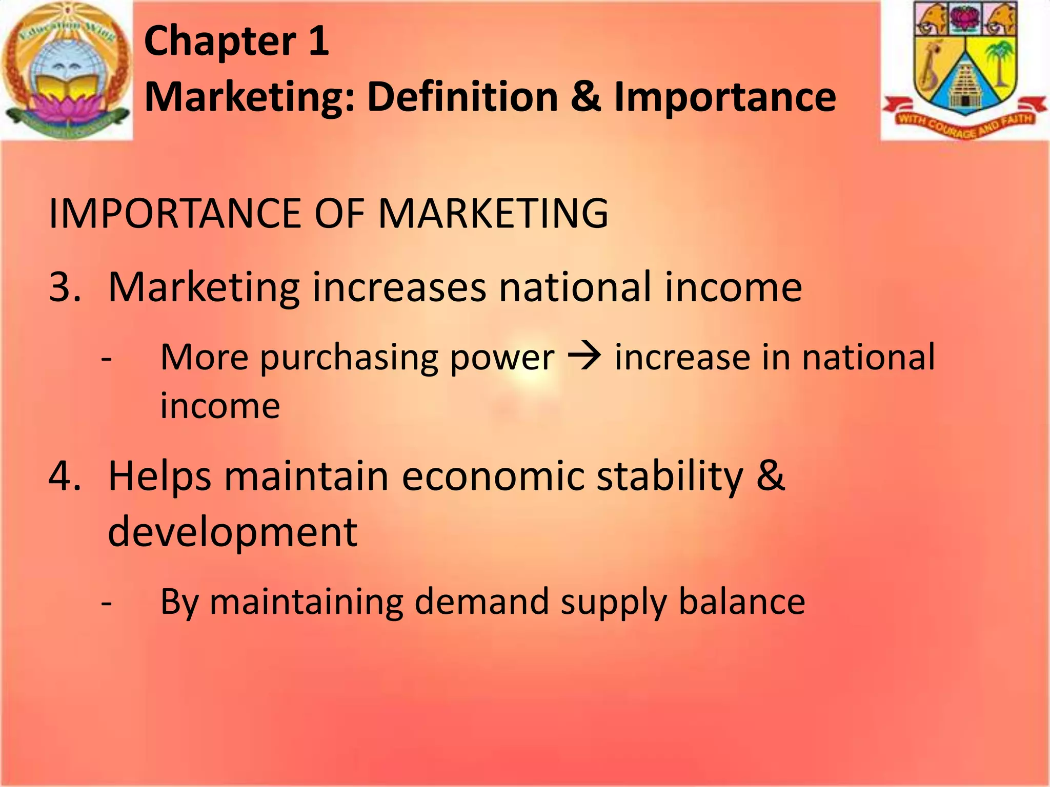 Chapter 1
Marketing: Definition & Importance
IMPORTANCE OF MARKETING
3. Marketing increases national income
-

More purchasing power  increase in national
income

4. Helps maintain economic stability &
development
-

By maintaining demand supply balance

 
