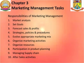 Chapter 3
Marketing Management Tasks
Responsibilities of Marketing Management
1.
2.
3.
4.
5.
6.
7.
8.
9.
10.

Market analy...