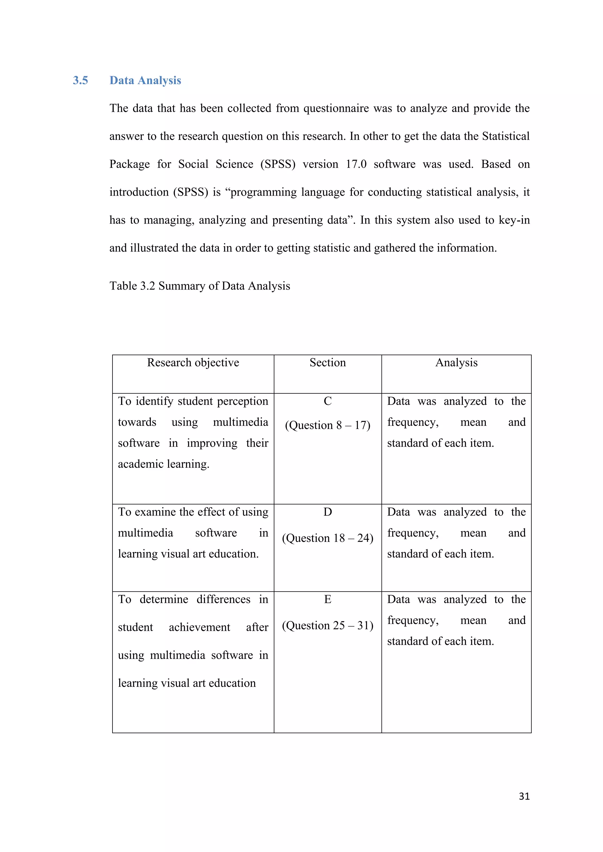 31
3.5 Data Analysis
The data that has been collected from questionnaire was to analyze and provide the
answer to the research question on this research. In other to get the data the Statistical
Package for Social Science (SPSS) version 17.0 software was used. Based on
introduction (SPSS) is “programming language for conducting statistical analysis, it
has to managing, analyzing and presenting data”. In this system also used to key-in
and illustrated the data in order to getting statistic and gathered the information.
Table 3.2 Summary of Data Analysis
Research objective Section Analysis
To identify student perception
towards using multimedia
software in improving their
academic learning.
C
(Question 8 – 17)
Data was analyzed to the
frequency, mean and
standard of each item.
To examine the effect of using
multimedia software in
learning visual art education.
D
(Question 18 – 24)
Data was analyzed to the
frequency, mean and
standard of each item.
To determine differences in
student achievement after
using multimedia software in
learning visual art education
E
(Question 25 – 31)
Data was analyzed to the
frequency, mean and
standard of each item.
 