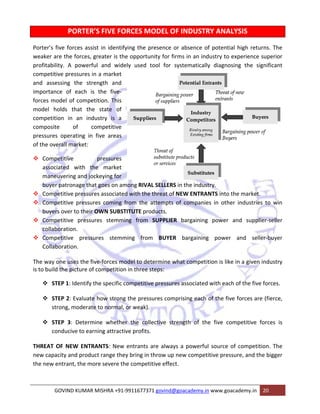 Porter’s fiv 
weaker are 
profitabilit 
competitiv 
and asses 
importance 
forces mod 
model ho 
competitio 
composite 
pressures 
of the over 
™ Compe 
R’S FIVE F 
ssist in ident 
, greater is t 
rful and wi 
in a market 
trength and 
is the five 
petition. This 
he state o 
ndustry is a 
competitive 
n five areas 
ve forces as 
e the forces 
y. A power 
ve pressures 
sing the st 
e of each 
del of comp 
olds that th 
on in an in 
operating i 
rall market: 
etitive 
ated with 
vering and j 
patronage th 
etitive pressu 
etitive press 
over to thei 
etitive press 
oration. 
etitive pres 
oration. 
ne uses the 
the picture o 
EP 1: Identify 
EP 2: Evaluat 
ong, modera 
EP 3: Deter 
nducive to ea 
OF NEW ENT 
city and prod 
ntrant, the m 
associa 
maneu 
buyer p 
™ Compe 
™ Compe 
buyers 
™ Compe 
collabo 
™ Compe 
Collabo 
The way on 
is to build t 
™ STE 
™ STE 
stro 
™ STE 
con 
THREAT O 
new capac 
the new en 
GO 
PORTE 
of 
FORCES M 
tifying the p 
the opportu 
idely used 
t 
d 
‐ 
s 
f 
e 
s 
pressures 
the marke 
ockeying fo 
hat goes on 
ures associat 
ures coming 
ir OWN SUB 
sures stemm 
MODEL OF 
presence or 
unity for firm 
tool for sy 
s 
t 
r 
among RIVA 
ted with the 
g from the 
BSTITUTE pro 
ming from 
ssures stem 
INDUSTR 
absence of 
ms in an ind 
ystematically 
AL SELLERS i 
e threat of N 
attempts of 
oducts. 
SUPPLIER 
m BUYER 
mming from 
five‐forces m 
of competiti 
y the specific 
te how stro 
ate to norma 
mine wheth 
arning attrac 
TRANTS: Ne 
duct range th 
more severe 
OVIND KUMA 
model to de 
on in three 
c competitiv 
ng the press 
al, or weak). 
her the col 
ctive profits 
w entrants 
hey bring in 
the compet 
AR MISHRA +9 
RY ANALYS 
f potential h 
ustry to exp 
y diagnosing 
n the indust 
EW ENTRAN 
f companies 
etermine wh 
steps: 
ve pressures 
sures compr 
SIS 
high returns 
perience sup 
g the signif 
ry. 
NTS into the 
s in other i 
bargaining 
bargaining 
at competit 
. The 
perior 
ficant 
market. 
ndustries to 
o win 
d supplier‐s 
seller 
nd seller‐b 
tion is like in 
s associated 
rising each o 
lective stre 
. 
are always 
throw up ne 
titive effect. 
91‐991167737 
buyer 
n a given ind 
with each of 
of the five fo 
ngth of the 
f the five for 
orces are (fi 
e five comp 
a powerful 
ew competit 
71 govind@g 
petitive forc 
source of c 
tive pressur 
oacademy.in 
power and 
power a 
competition 
e, and the b 
www.goacad 
demy.in 20 
ustry 
rces. 
ierce, 
ces is 
. The 
bigger 
 