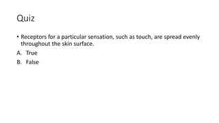 Quiz
• Receptors for a particular sensation, such as touch, are spread evenly
throughout the skin surface.
A. True
B. False
 