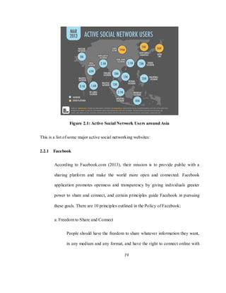 19
Figure 2.1: Active Social Network Users around Asia
This is a list of some major active social networking websites:
2.2.1 Facebook
According to Facebook.com (2013), their mission is to provide public with a
sharing platform and make the world more open and connected. Facebook
application promotes openness and transparency by giving individuals greater
power to share and connect, and certain principles guide Facebook in pursuing
these goals. There are 10 principles outlined in the Policy of Facebook;
a. Freedom to Share and Connect
People should have the freedom to share whatever information they want,
in any medium and any format, and have the right to connect online with
 