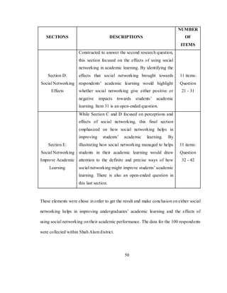 50
SECTIONS DESCRIPTIONS
NUMBER
OF
ITEMS
Section D:
Social Networking
Effects
Constructed to answer the second research question,
this section focused on the effects of using social
networking in academic learning. By identifying the
effects that social networking brought towards
respondents‘ academic learning would highlight
whether social networking give either positive or
negative impacts towards students‘ academic
learning. Item 31 is an open-ended question.
11 items:
Question
21 - 31
Section E:
Social Networking
Improve Academic
Learning
While Section C and D focused on perceptions and
effects of social networking, this final section
emphasized on how social networking helps in
improving students‘ academic learning. By
illustrating how social networking managed to helps
students in their academic learning would draw
attention to the definite and precise ways of how
social networking might improve students‘ academic
learning. There is also an open-ended question in
this last section.
11 items:
Question
32 - 42
These elements were chose in order to get the result and make conclusion on either social
networking helps in improving undergraduates‘ academic learning and the effects of
using social networking on their academic performance. The data for the 100 respondents
were collected within Shah Alam district.
 
