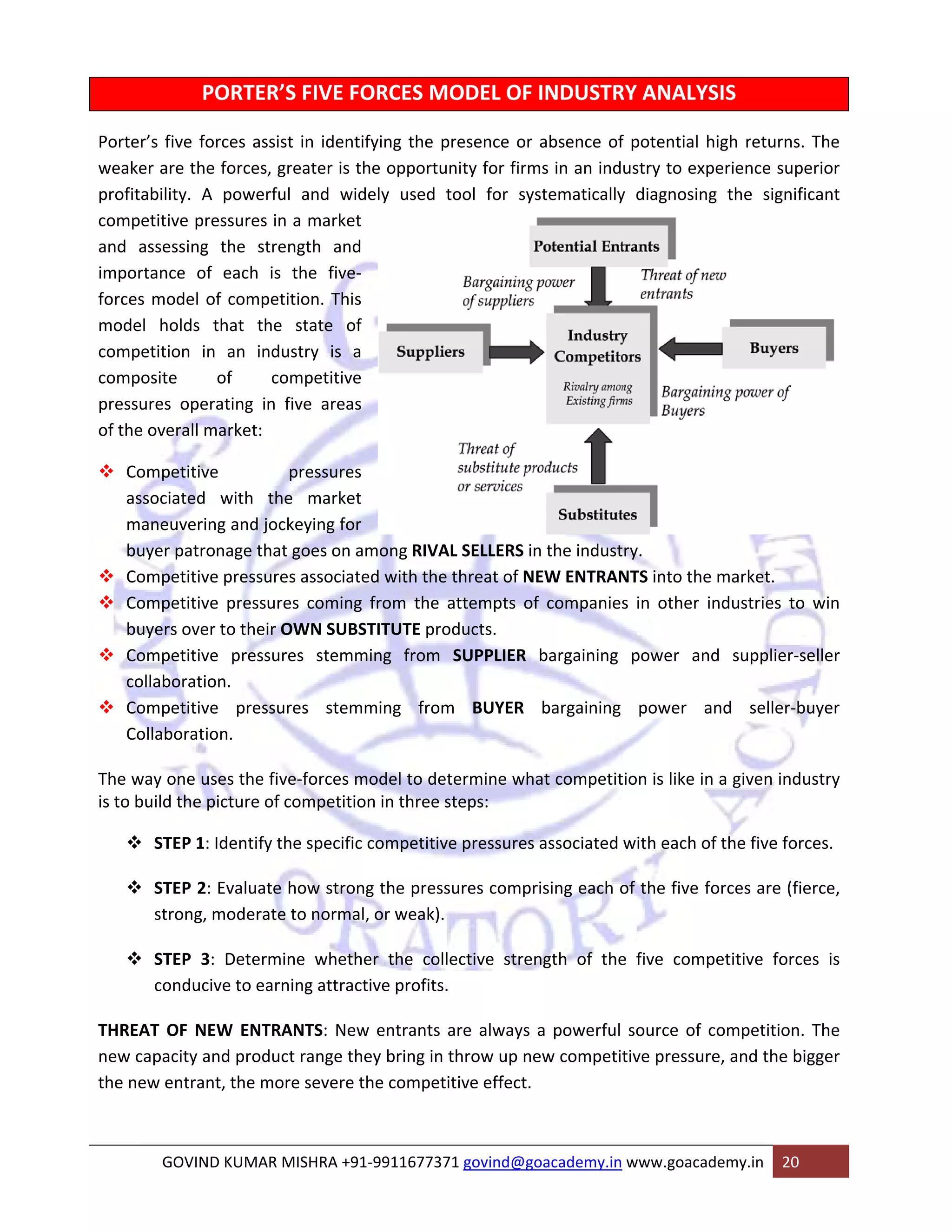 Porter’s fiv 
weaker are 
profitabilit 
competitiv 
and asses 
importance 
forces mod 
model ho 
competitio 
composite 
pressures 
of the over 
™ Compe 
R’S FIVE F 
ssist in ident 
, greater is t 
rful and wi 
in a market 
trength and 
is the five 
petition. This 
he state o 
ndustry is a 
competitive 
n five areas 
ve forces as 
e the forces 
y. A power 
ve pressures 
sing the st 
e of each 
del of comp 
olds that th 
on in an in 
operating i 
rall market: 
etitive 
ated with 
vering and j 
patronage th 
etitive pressu 
etitive press 
over to thei 
etitive press 
oration. 
etitive pres 
oration. 
ne uses the 
the picture o 
EP 1: Identify 
EP 2: Evaluat 
ong, modera 
EP 3: Deter 
nducive to ea 
OF NEW ENT 
city and prod 
ntrant, the m 
associa 
maneu 
buyer p 
™ Compe 
™ Compe 
buyers 
™ Compe 
collabo 
™ Compe 
Collabo 
The way on 
is to build t 
™ STE 
™ STE 
stro 
™ STE 
con 
THREAT O 
new capac 
the new en 
GO 
PORTE 
of 
FORCES M 
tifying the p 
the opportu 
idely used 
t 
d 
‐ 
s 
f 
e 
s 
pressures 
the marke 
ockeying fo 
hat goes on 
ures associat 
ures coming 
ir OWN SUB 
sures stemm 
MODEL OF 
presence or 
unity for firm 
tool for sy 
s 
t 
r 
among RIVA 
ted with the 
g from the 
BSTITUTE pro 
ming from 
ssures stem 
INDUSTR 
absence of 
ms in an ind 
ystematically 
AL SELLERS i 
e threat of N 
attempts of 
oducts. 
SUPPLIER 
m BUYER 
mming from 
five‐forces m 
of competiti 
y the specific 
te how stro 
ate to norma 
mine wheth 
arning attrac 
TRANTS: Ne 
duct range th 
more severe 
OVIND KUMA 
model to de 
on in three 
c competitiv 
ng the press 
al, or weak). 
her the col 
ctive profits 
w entrants 
hey bring in 
the compet 
AR MISHRA +9 
RY ANALYS 
f potential h 
ustry to exp 
y diagnosing 
n the indust 
EW ENTRAN 
f companies 
etermine wh 
steps: 
ve pressures 
sures compr 
SIS 
high returns 
perience sup 
g the signif 
ry. 
NTS into the 
s in other i 
bargaining 
bargaining 
at competit 
. The 
perior 
ficant 
market. 
ndustries to 
o win 
d supplier‐s 
seller 
nd seller‐b 
tion is like in 
s associated 
rising each o 
lective stre 
. 
are always 
throw up ne 
titive effect. 
91‐991167737 
buyer 
n a given ind 
with each of 
of the five fo 
ngth of the 
f the five for 
orces are (fi 
e five comp 
a powerful 
ew competit 
71 govind@g 
petitive forc 
source of c 
tive pressur 
oacademy.in 
power and 
power a 
competition 
e, and the b 
www.goacad 
demy.in 20 
ustry 
rces. 
ierce, 
ces is 
. The 
bigger 
 