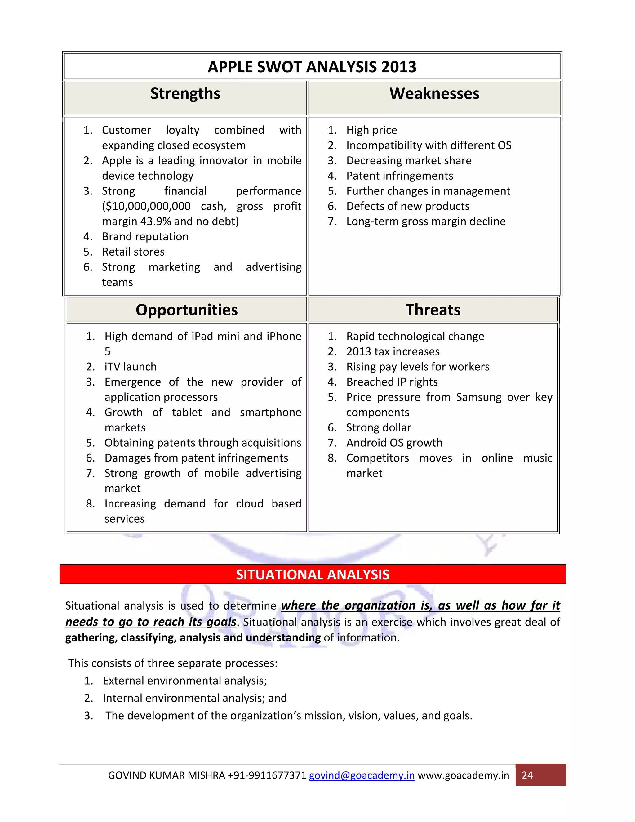 APPLE SWOT ANALYSIS 2013 
Strengths Weaknesses 
1. Customer loyalty combined with 
expanding closed ecosystem 
2. Apple is a leading innovator in mobile 
device technology 
3. Strong financial performance 
($10,000,000,000 cash, gross profit 
margin 43.9% and no debt) 
4. Brand reputation 
5. Retail stores 
6. Strong marketing and advertising 
teams 
1. High price 
2. Incompatibility with different OS 
3. Decreasing market share 
4. Patent infringements 
5. Further changes in management 
6. Defects of new products 
7. Long‐term gross margin decline 
Opportunities Threats 
1. High demand of iPad mini and iPhone 
5 
2. iTV launch 
3. Emergence of the new provider of 
application processors 
4. Growth of tablet and smartphone 
markets 
5. Obtaining patents through acquisitions 
6. Damages from patent infringements 
7. Strong growth of mobile advertising 
market 
8. Increasing demand for cloud based 
services 
1. Rapid technological change 
2. 2013 tax increases 
3. Rising pay levels for workers 
4. Breached IP rights 
5. Price pressure from Samsung over key 
components 
6. Strong dollar 
7. Android OS growth 
8. Competitors moves in online music 
market 
SITUATIONAL ANALYSIS 
Situational analysis is used to determine where the organization is, as well as how far it 
needs to go to reach its goals. Situational analysis is an exercise which involves great deal of 
gathering, classifying, analysis and understanding of information. 
This consists of three separate processes: 
1. External environmental analysis; 
2. Internal environmental analysis; and 
3. The development of the organization‘s mission, vision, values, and goals. 
GOVIND KUMAR MISHRA +91‐9911677371 govind@goacademy.in www.goacademy.in 24 
 