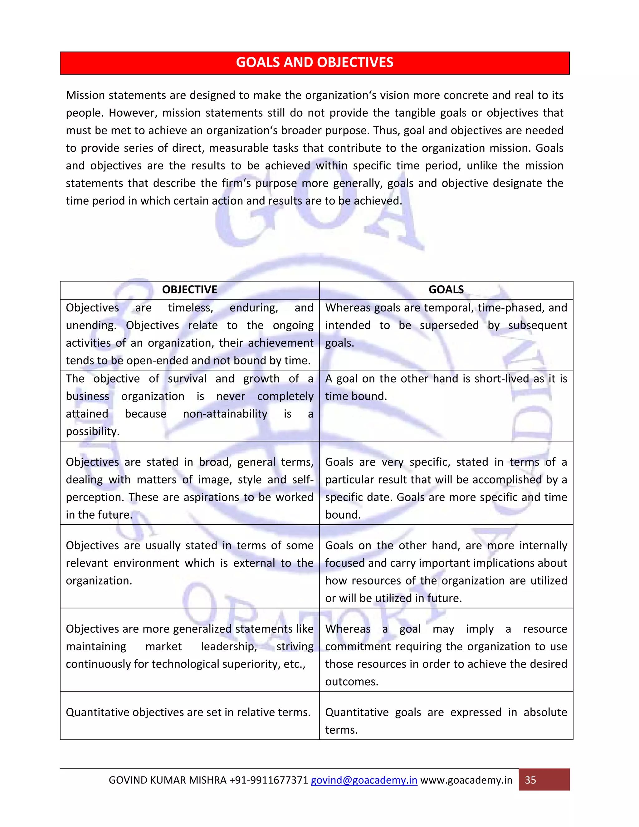 GOALS AND OBJECTIVES 
Mission statements are designed to make the organization‘s vision more concrete and real to its 
people. However, mission statements still do not provide the tangible goals or objectives that 
must be met to achieve an organization‘s broader purpose. Thus, goal and objectives are needed 
to provide series of direct, measurable tasks that contribute to the organization mission. Goals 
and objectives are the results to be achieved within specific time period, unlike the mission 
statements that describe the firm‘s purpose more generally, goals and objective designate the 
time period in which certain action and results are to be achieved. 
OBJECTIVE GOALS 
Objectives are timeless, enduring, and 
unending. Objectives relate to the ongoing 
activities of an organization, their achievement 
tends to be open‐ended and not bound by time. 
Whereas goals are temporal, time‐phased, and 
intended to be superseded by subsequent 
goals. 
The objective of survival and growth of a 
business organization is never completely 
attained because non‐attainability is a 
possibility. 
A goal on the other hand is short‐lived as it is 
time bound. 
Objectives are stated in broad, general terms, 
dealing with matters of image, style and self‐perception. 
These are aspirations to be worked 
in the future. 
Goals are very specific, stated in terms of a 
particular result that will be accomplished by a 
specific date. Goals are more specific and time 
bound. 
Objectives are usually stated in terms of some 
relevant environment which is external to the 
organization. 
Goals on the other hand, are more internally 
focused and carry important implications about 
how resources of the organization are utilized 
or will be utilized in future. 
Objectives are more generalized statements like 
maintaining market leadership, striving 
continuously for technological superiority, etc., 
Whereas a goal may imply a resource 
commitment requiring the organization to use 
those resources in order to achieve the desired 
outcomes. 
Quantitative objectives are set in relative terms. Quantitative goals are expressed in absolute 
terms. 
GOVIND KUMAR MISHRA +91‐9911677371 govind@goacademy.in www.goacademy.in 35 
 
