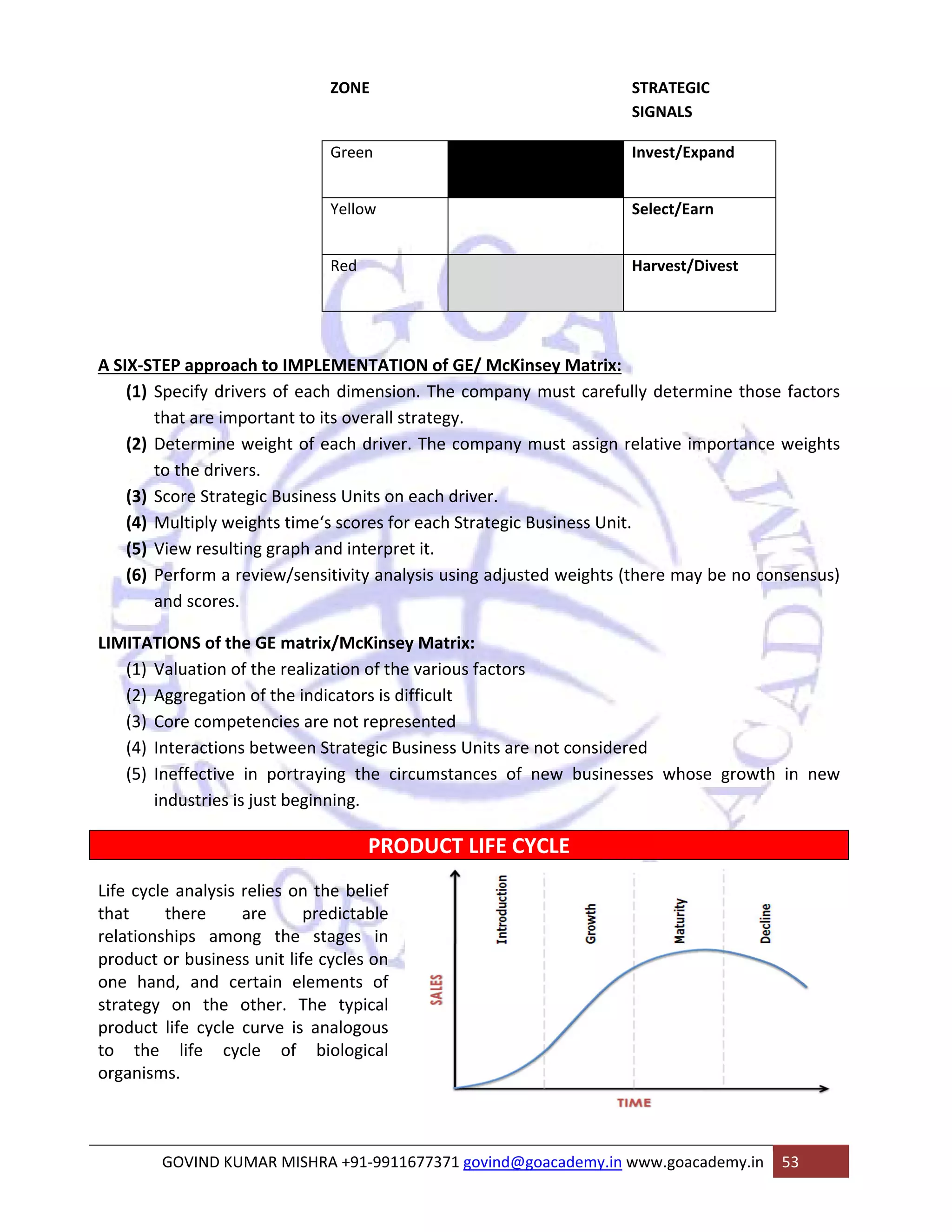 ZONE STRATEGIC 
SIGNALS 
Green Invest/Expand 
Yellow Select/Earn 
Red Harvest/Divest 
A SIX‐STEP approach to IMPLEMENTATION of GE/ McKinsey Matrix: 
(1) Specify drivers of each dimension. The company must carefully determine those factors 
that are important to its overall strategy. 
(2) Determine weight of each driver. The company must assign relative importance weights 
to the drivers. 
(3) Score Strategic Business Units on each driver. 
(4) Multiply weights time‘s scores for each Strategic Business Unit. 
(5) View resulting graph and interpret it. 
(6) Perform a review/sensitivity analysis using adjusted weights (there may be no consensus) 
and scores. 
LIMITATIONS of the GE matrix/McKinsey Matrix: 
(1) Valuation of the realization of the various factors 
(2) Aggregation of the indicators is difficult 
(3) Core competencies are not represented 
(4) Interactions between Strategic Business Units are not considered 
(5) Ineffective in portraying the circumstances of new businesses whose growth in new 
industries is just beginning. 
PRODUCT LIFE CYCLE 
Life cycle analysis relies on the belief 
that there are predictable 
relationships among the stages in 
product or business unit life cycles on 
one hand, and certain elements of 
strategy on the other. The typical 
product life cycle curve is analogous 
to the life cycle of biological 
organisms. 
GOVIND KUMAR MISHRA +91‐9911677371 govind@goacademy.in www.goacademy.in 53 
 