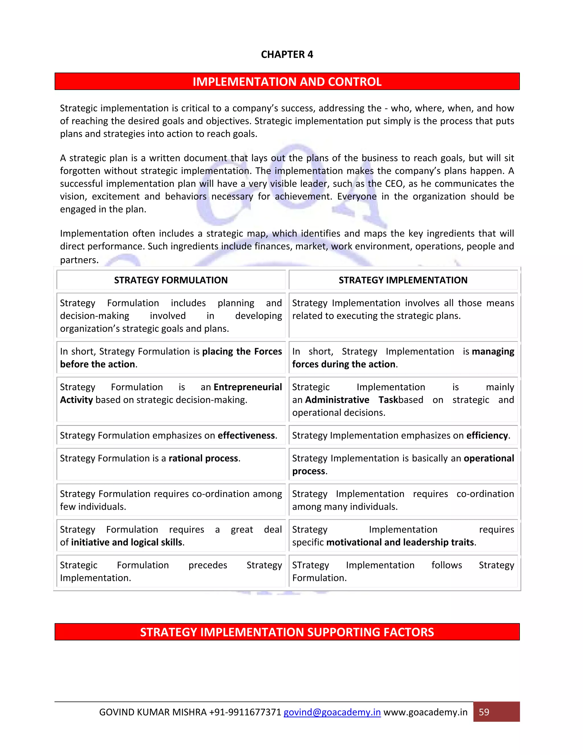 CHAPTER 4 
IMPLEMENTATION AND CONTROL 
Strategic implementation is critical to a company’s success, addressing the ‐ who, where, when, and how 
of reaching the desired goals and objectives. Strategic implementation put simply is the process that puts 
plans and strategies into action to reach goals. 
A strategic plan is a written document that lays out the plans of the business to reach goals, but will sit 
forgotten without strategic implementation. The implementation makes the company’s plans happen. A 
successful implementation plan will have a very visible leader, such as the CEO, as he communicates the 
vision, excitement and behaviors necessary for achievement. Everyone in the organization should be 
engaged in the plan. 
Implementation often includes a strategic map, which identifies and maps the key ingredients that will 
direct performance. Such ingredients include finances, market, work environment, operations, people and 
partners. 
STRATEGY FORMULATION STRATEGY IMPLEMENTATION 
Strategy Formulation includes planning and 
decision‐making involved in developing 
organization’s strategic goals and plans. 
Strategy Implementation involves all those means 
related to executing the strategic plans. 
In short, Strategy Formulation is placing the Forces 
before the action. 
In short, Strategy Implementation is managing 
forces during the action. 
Strategy Formulation is an Entrepreneurial 
Activity based on strategic decision‐making. 
Strategic Implementation is mainly 
an Administrative Taskbased on strategic and 
operational decisions. 
Strategy Formulation emphasizes on effectiveness. Strategy Implementation emphasizes on efficiency. 
Strategy Formulation is a rational process. Strategy Implementation is basically an operational 
process. 
Strategy Formulation requires co‐ordination among 
few individuals. 
Strategy Implementation requires co‐ordination 
among many individuals. 
Strategy Formulation requires a great deal 
of initiative and logical skills. 
Strategy Implementation requires 
specific motivational and leadership traits. 
Strategic Formulation precedes Strategy 
Implementation. 
STrategy Implementation follows Strategy 
Formulation. 
STRATEGY IMPLEMENTATION SUPPORTING FACTORS 
GOVIND KUMAR MISHRA +91‐9911677371 govind@goacademy.in www.goacademy.in 59 
 