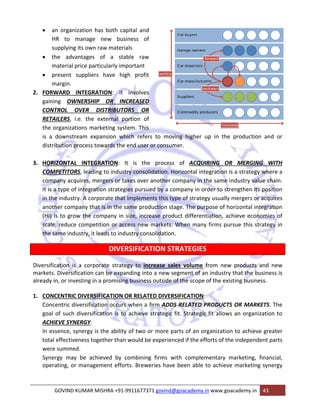 • an 
organization 
to manag 
pplying its ow 
e advantage 
terial price p 
esent suppl 
rgin. 
ARD INTEG 
g OWNERS 
ROL OVER 
LERS, i.e. th 
ganizations m 
ownstream 
ution proces 
HR 
sup 
• the 
ma 
• pre 
ma 
2. FORWA 
gaining 
CONTR 
RETAIL 
the org 
is a do 
distribu 
3. HORIZO 
n has both 
ge new b 
wn raw mate 
es of a s 
particularly i 
iers have 
GRATION: 
SHIP OR 
capital and 
business of 
erials 
stable raw 
important 
high profit 
it involves 
INCREASED 
UTORS OR 
portion of 
ystem. This 
which refer 
he end user 
he external 
marketing s 
expansion w 
ss towards th 
ONTAL INT 
ETITORS, lea 
ny acquires, 
type of integ 
industry. A c 
er company t 
to grow the 
reduce com 
me industry, 
COMPE 
compa 
It is a t 
in the i 
anothe 
(HI) is 
scale, r 
the sam 
Diversificat 
markets. D 
already in, 
1. CONCE 
TEGRATION: 
ading to indu 
, mergers or 
gration strat 
corporate th 
that is in the 
e company i 
petition or a 
it leads to in 
tion is a co 
Diversificatio 
or investing 
ENTRIC DIVE 
ntric diversif 
f such diver 
VE SYNERGY 
ence, synerg 
ffectiveness 
ummed. 
y may be a 
ing, or man 
Concen 
goal of 
ACHIEV 
In esse 
total ef 
were su 
Synergy 
operat 
GO 
rs to movin 
or consume 
It is the 
ustry consol 
r takes over 
tegies pursue 
hat impleme 
e same prod 
in size, incre 
access new 
ndustry con 
VERSIFICAT 
ategy to inc 
xpanding into 
sing business 
N OR RELAT 
urs when a f 
to achieve 
orporate stra 
on can be ex 
g in a promis 
ERSIFICATION 
fication occu 
sification is 
Y. 
y is the abil 
together th 
g higher up 
er. 
p in the pro 
of ACQUIR 
rizontal integ 
mpany in th 
mpany in ord 
e of strategy 
e. The purp 
ct differentia 
When many f 
e process 
idation. Hor 
another com 
ed by a com 
nts this type 
duction stag 
ease produc 
markets. W 
solidation. 
TION STR 
crease sales 
o a new seg 
s outside of 
TED DIVERSIF 
firm ADDS R 
strategic fit 
lity of two o 
an would be 
achieved by 
agement ef 
OVIND KUMA 
DISTRIBU 
DIV 
oduction an 
RING OR M 
gration is a 
e same indu 
der to streng 
y usually me 
ose of horiz 
ation, achie 
firms pursue 
ATEGIES 
s volume fr 
gment of an 
the scope o 
FICATION: 
RELATED PR 
t. Strategic f 
or more part 
e experience 
y combining 
fforts. Brewe 
AR MISHRA +9 
nd or 
MERGING W 
strategy wh 
ustry value c 
gthen its pos 
rgers or acq 
ontal integr 
ve economi 
e this strate 
rom new pr 
industry tha 
f the existin 
WITH 
ere a 
chain. 
sition 
quires 
ation 
es of 
egy in 
roducts and 
at the busine 
g business. 
RODUCTS OR 
fit allows an 
ts of an org 
ed if the effo 
g firms with 
eries have b 
91‐991167737 
R MARKETS 
n organizatio 
ganization to 
orts of the in 
h compleme 
been able to 
71 govind@g 
o achieve gr 
ndependent 
entary mar 
o achieve m 
oacademy.in 
keting, fina 
arketing syn 
www.goacad 
demy.in 43 
new 
ess is 
S. The 
on to 
eater 
parts 
ncial, 
nergy 
 