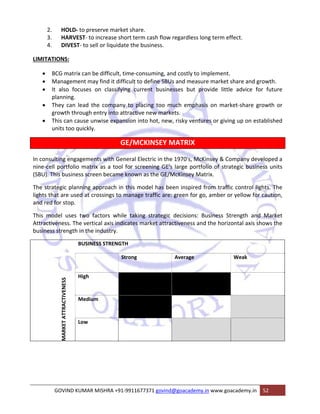 2. HOLD‐ to preserve market share. 
3. HARVEST‐ to increase short term cash flow regardless long term effect. 
4. DIVEST‐ to sell or liquidate the business. 
LIMITATIONS: 
• BCG matrix can be difficult, time‐consuming, and costly to implement. 
• Management may find it difficult to define SBUs and measure market share and growth. 
• It also focuses on classifying current businesses but provide little advice for future 
planning. 
• They can lead the company to placing too much emphasis on market‐share growth or 
growth through entry into attractive new markets. 
• This can cause unwise expansion into hot, new, risky ventures or giving up on established 
units too quickly. 
GE/MCKINSEY MATRIX 
In consulting engagements with General Electric in the 1970's, McKinsey & Company developed a 
nine‐cell portfolio matrix as a tool for screening GE's large portfolio of strategic business units 
(SBU). This business screen became known as the GE/McKinsey Matrix. 
The strategic planning approach in this model has been inspired from traffic control lights. The 
lights that are used at crossings to manage traffic are: green for go, amber or yellow for caution, 
and red for stop. 
This model uses two factors while taking strategic decisions: Business Strength and Market 
Attractiveness. The vertical axis indicates market attractiveness and the horizontal axis shows the 
business strength in the industry. 
MARKET ATTRACTIVENESS 
BUSINESS STRENGTH 
Strong Average Weak 
High 
Medium 
Low 
GOVIND KUMAR MISHRA +91‐9911677371 govind@goacademy.in www.goacademy.in 52 
 