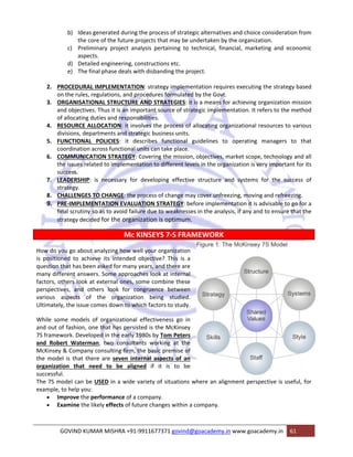 b) Ideas generated during the process of strategic alternatives and choice consideration from 
the core of the future projects that may be undertaken by the organization. 
c) Preliminary project analysis pertaining to technical, financial, marketing and economic 
aspects. 
d) Detailed engineering, constructions etc. 
e) The final phase deals with disbanding the project. 
2. PROCEDURAL IMPLEMENTATION: strategy implementation requires executing the strategy based 
on the rules, regulations, and procedures formulated by the Govt. 
3. ORGANISATIONAL STRUCTURE AND STRATEGIES: it is a means for achieving organization mission 
and objectives. Thus it is an important source of strategic implementation. It refers to the method 
of allocating duties and responsibilities. 
4. RESOURCE ALLOCATION: it involves the process of allocating organizational resources to various 
divisions, departments and strategic business units. 
5. FUNCTIONAL POLICIES: it describes functional guidelines to operating managers to that 
coordination across functional units can take place. 
6. COMMUNICATION STRATEGY: Covering the mission, objectives, market scope, technology and all 
the issues related to implementation to different levels in the organization is very important for its 
success. 
7. LEADERSHIP: is necessary for developing effective structure and systems for the success of 
strategy. 
8. CHALLENGES TO CHANGE: the process of change may cover unfreezing, moving and refreezing. 
9. PRE‐IMPLEMENTATION EVALUATION STRATEGY: before implementation it is advisable to go for a 
final scrutiny so as to avoid failure due to weaknesses in the analysis, if any and to ensure that the 
strategy decided for the organization is optimum. 
Mc KINSEYS 7‐S FRAMEWORK 
How do you go about analyzing how well your organization 
is positioned to achieve its intended objective? This is a 
question that has been asked for many years, and there are 
many different answers. Some approaches look at internal 
factors, others look at external ones, some combine these 
perspectives, and others look for congruence between 
various aspects of the organization being studied. 
Ultimately, the issue comes down to which factors to study. 
While some models of organizational effectiveness go in 
and out of fashion, one that has persisted is the McKinsey 
7S framework. Developed in the early 1980s by Tom Peters 
and Robert Waterman, two consultants working at the 
McKinsey & Company consulting firm, the basic premise of 
the model is that there are seven internal aspects of an 
organization that need to be aligned if it is to be 
successful. 
The 7S model can be USED in a wide variety of situations where an alignment perspective is useful, for 
example, to help you: 
• Improve the performance of a company. 
• Examine the likely effects of future changes within a company. 
GOVIND KUMAR MISHRA +91‐9911677371 govind@goacademy.in www.goacademy.in 61 
 