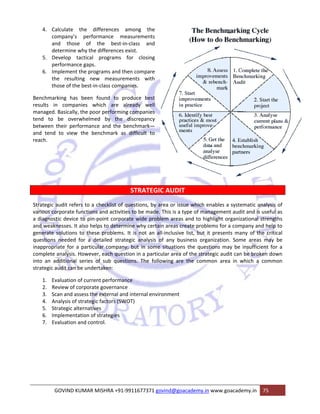 4. Calculate the differences among the 
company’s performance measurements 
and those of the best‐in‐class and 
determine why the differences exist. 
5. Develop tactical programs for closing 
performance gaps. 
6. Implement the programs and then compare 
the resulting new measurements with 
those of the best‐in‐class companies. 
Benchmarking has been found to produce best 
results in companies which are already well 
managed. Basically, the poor performing companies 
tend to be overwhelmed by the discrepancy 
between their performance and the benchmark— 
and tend to view the benchmark as difficult to 
reach. 
STRATEGIC AUDIT 
Strategic audit refers to a checklist of questions, by area or issue which enables a systematic analysis of 
various corporate functions and activities to be made. This is a type of management audit and is useful as 
a diagnostic device to pin‐point corporate wide problem areas and to highlight organizational strengths 
and weaknesses. It also helps to determine why certain areas create problems for a company and help to 
generate solutions to these problems. It is not an all‐inclusive list, but it presents many of the critical 
questions needed for a detailed strategic analysis of any business organization. Some areas may be 
inappropriate for a particular company; but in some situations the questions may be insufficient for a 
complete analysis. However, each question in a particular area of the strategic audit can be broken down 
into an additional series of sub questions. The following are the common area in which a common 
strategic audit can be undertaken: 
1. Evaluation of current performance 
2. Review of corporate governance 
3. Scan and assess the external and internal environment 
4. Analysis of strategic factors (SWOT) 
5. Strategic alternatives 
6. Implementation of strategies 
7. Evaluation and control. 
GOVIND KUMAR MISHRA +91‐9911677371 govind@goacademy.in www.goacademy.in 75 
 