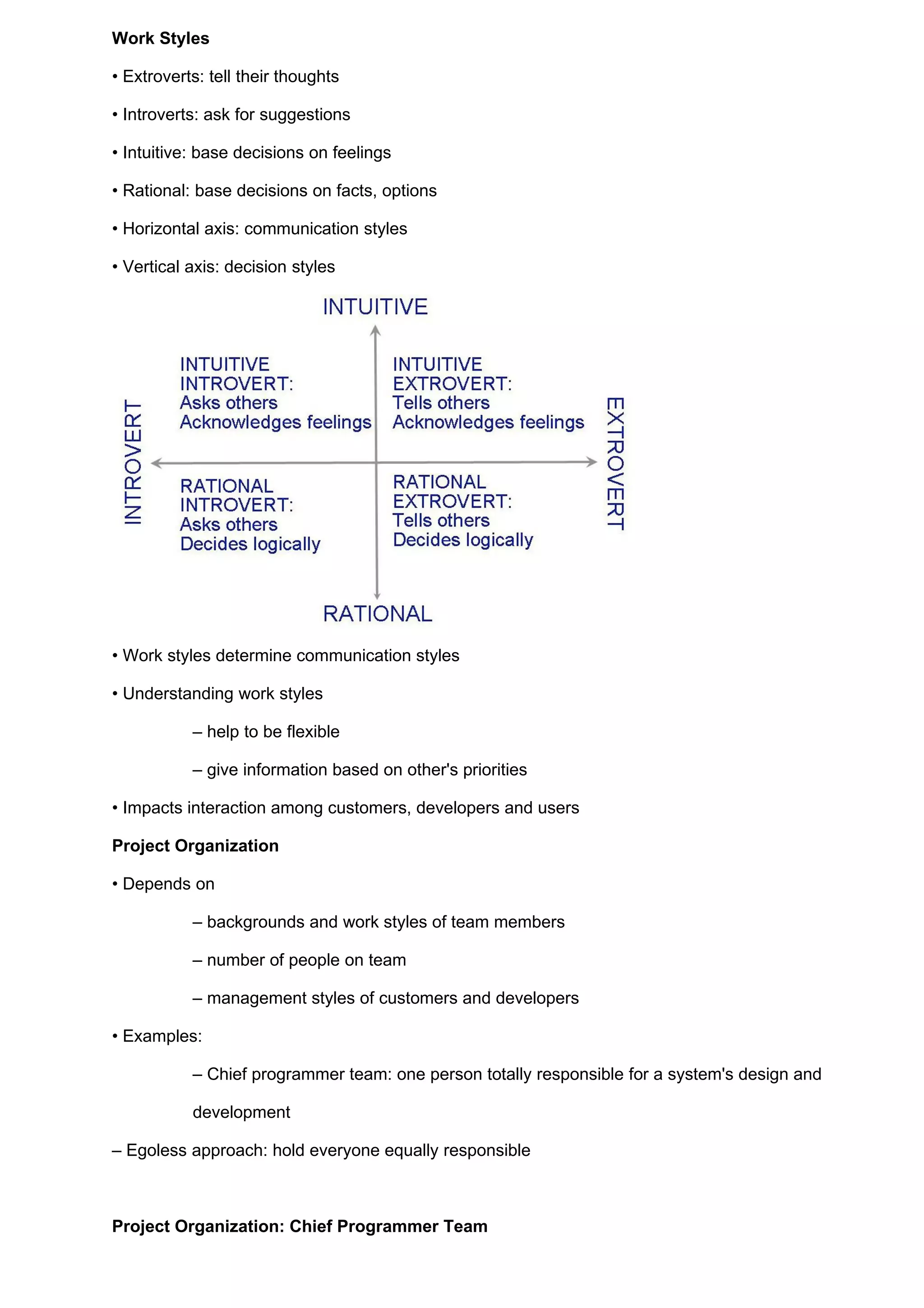 Work Styles

• Extroverts: tell their thoughts

• Introverts: ask for suggestions

• Intuitive: base decisions on feelings

• Rational: base decisions on facts, options

• Horizontal axis: communication styles

• Vertical axis: decision styles




• Work styles determine communication styles

• Understanding work styles

           – help to be flexible

           – give information based on other's priorities

• Impacts interaction among customers, developers and users

Project Organization

• Depends on

           – backgrounds and work styles of team members

           – number of people on team

           – management styles of customers and developers

• Examples:

           – Chief programmer team: one person totally responsible for a system's design and

           development

– Egoless approach: hold everyone equally responsible



Project Organization: Chief Programmer Team
 