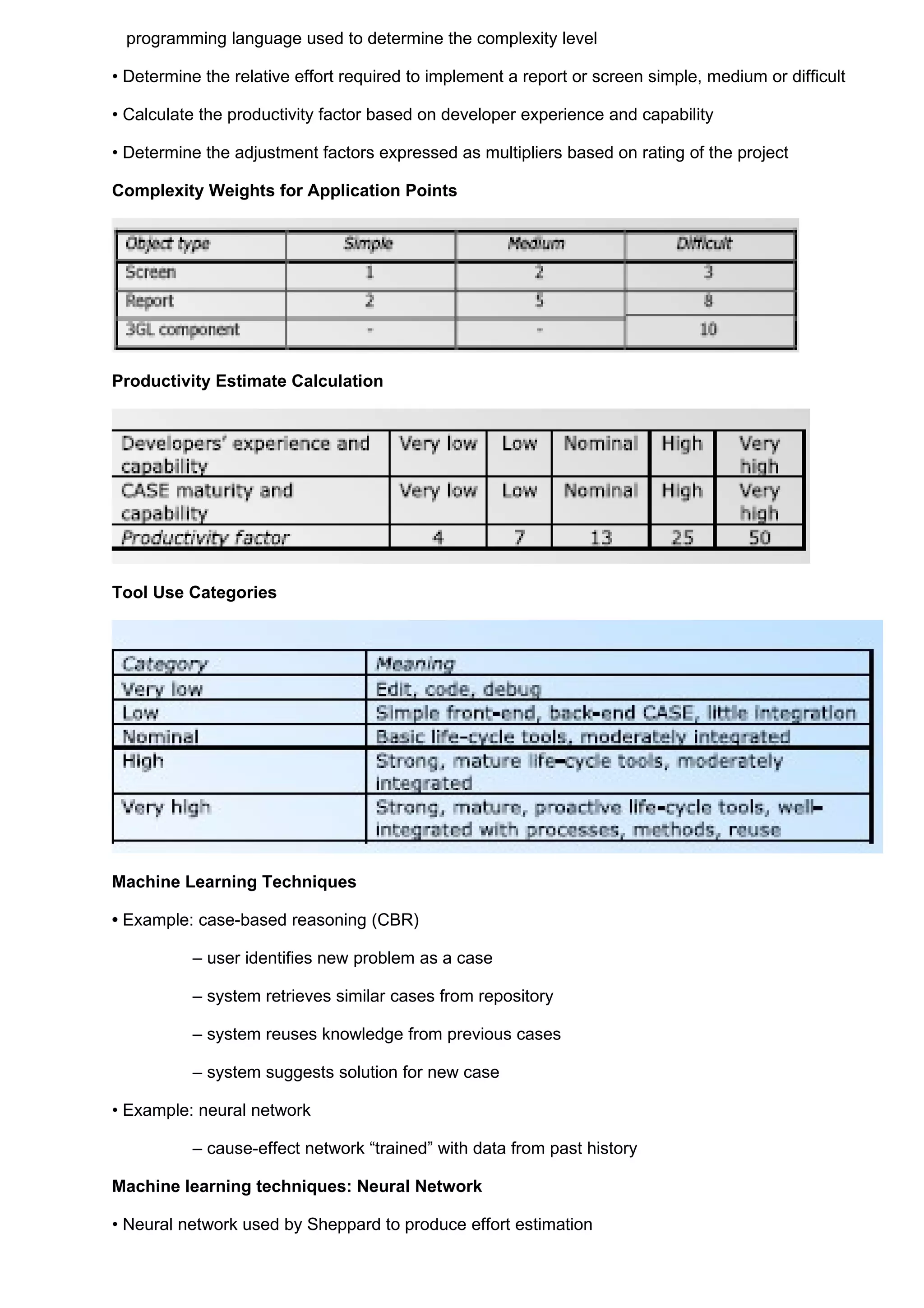 programming language used to determine the complexity level

• Determine the relative effort required to implement a report or screen simple, medium or difficult

• Calculate the productivity factor based on developer experience and capability

• Determine the adjustment factors expressed as multipliers based on rating of the project

Complexity Weights for Application Points




Productivity Estimate Calculation




Tool Use Categories




Machine Learning Techniques

• Example: case-based reasoning (CBR)

           – user identifies new problem as a case

           – system retrieves similar cases from repository

           – system reuses knowledge from previous cases

           – system suggests solution for new case

• Example: neural network

           – cause-effect network “trained” with data from past history

Machine learning techniques: Neural Network

• Neural network used by Sheppard to produce effort estimation
 