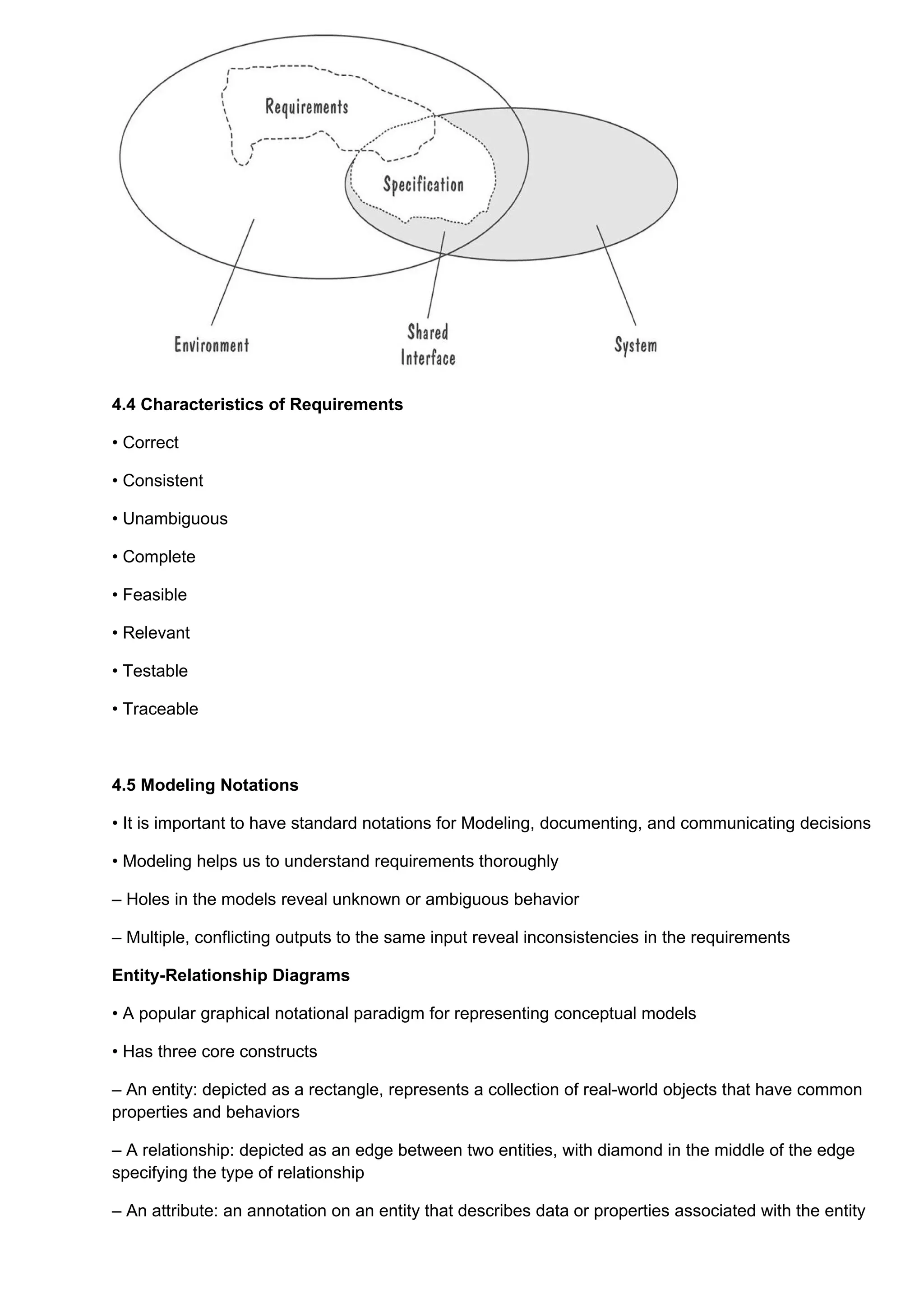 4.4 Characteristics of Requirements

• Correct

• Consistent

• Unambiguous

• Complete

• Feasible

• Relevant

• Testable

• Traceable



4.5 Modeling Notations

• It is important to have standard notations for Modeling, documenting, and communicating decisions

• Modeling helps us to understand requirements thoroughly

– Holes in the models reveal unknown or ambiguous behavior

– Multiple, conflicting outputs to the same input reveal inconsistencies in the requirements

Entity-Relationship Diagrams

• A popular graphical notational paradigm for representing conceptual models

• Has three core constructs

– An entity: depicted as a rectangle, represents a collection of real-world objects that have common
properties and behaviors

– A relationship: depicted as an edge between two entities, with diamond in the middle of the edge
specifying the type of relationship

– An attribute: an annotation on an entity that describes data or properties associated with the entity
 