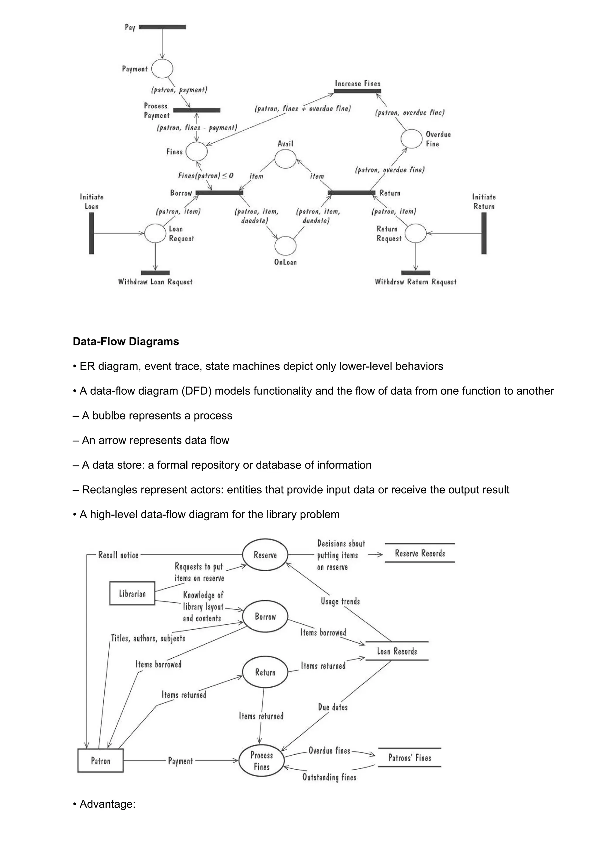Data-Flow Diagrams

• ER diagram, event trace, state machines depict only lower-level behaviors

• A data-flow diagram (DFD) models functionality and the flow of data from one function to another

– A bublbe represents a process

– An arrow represents data flow

– A data store: a formal repository or database of information

– Rectangles represent actors: entities that provide input data or receive the output result

• A high-level data-flow diagram for the library problem




• Advantage:
 