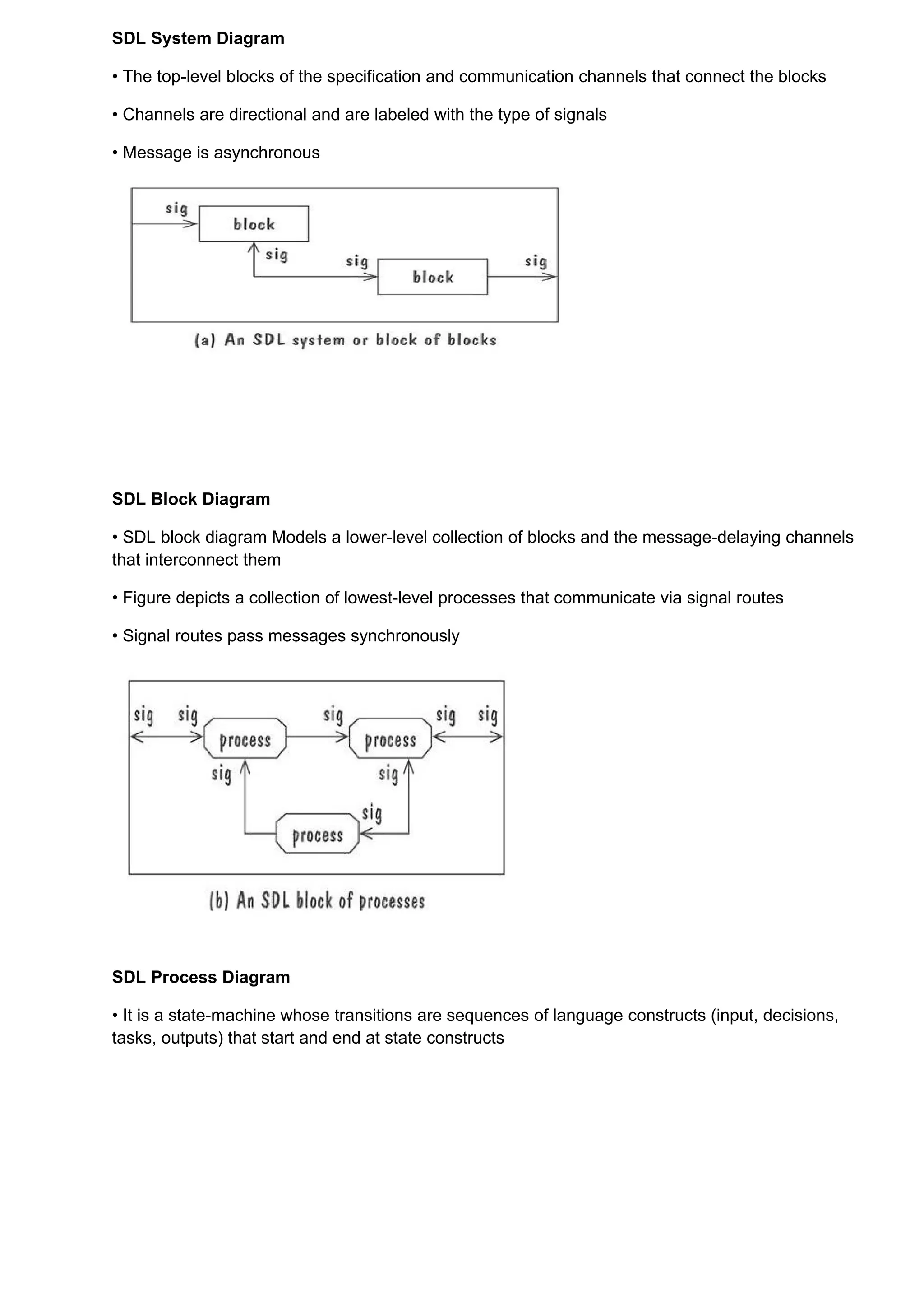 SDL System Diagram

• The top-level blocks of the specification and communication channels that connect the blocks

• Channels are directional and are labeled with the type of signals

• Message is asynchronous




SDL Block Diagram

• SDL block diagram Models a lower-level collection of blocks and the message-delaying channels
that interconnect them

• Figure depicts a collection of lowest-level processes that communicate via signal routes

• Signal routes pass messages synchronously




SDL Process Diagram

• It is a state-machine whose transitions are sequences of language constructs (input, decisions,
tasks, outputs) that start and end at state constructs
 