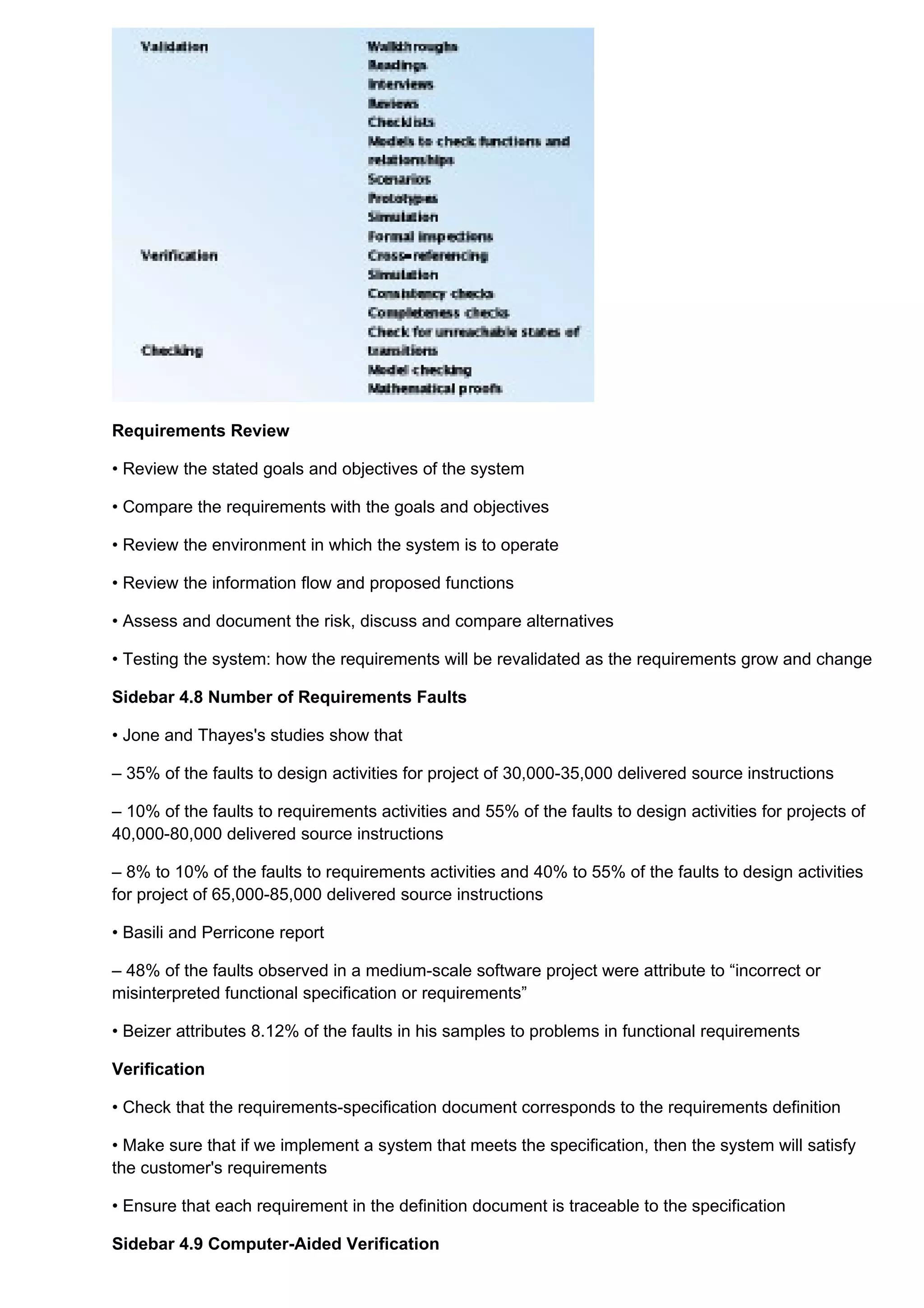 Requirements Review

• Review the stated goals and objectives of the system

• Compare the requirements with the goals and objectives

• Review the environment in which the system is to operate

• Review the information flow and proposed functions

• Assess and document the risk, discuss and compare alternatives

• Testing the system: how the requirements will be revalidated as the requirements grow and change

Sidebar 4.8 Number of Requirements Faults

• Jone and Thayes's studies show that

– 35% of the faults to design activities for project of 30,000-35,000 delivered source instructions

– 10% of the faults to requirements activities and 55% of the faults to design activities for projects of
40,000-80,000 delivered source instructions

– 8% to 10% of the faults to requirements activities and 40% to 55% of the faults to design activities
for project of 65,000-85,000 delivered source instructions

• Basili and Perricone report

– 48% of the faults observed in a medium-scale software project were attribute to “incorrect or
misinterpreted functional specification or requirements”

• Beizer attributes 8.12% of the faults in his samples to problems in functional requirements

Verification

• Check that the requirements-specification document corresponds to the requirements definition

• Make sure that if we implement a system that meets the specification, then the system will satisfy
the customer's requirements

• Ensure that each requirement in the definition document is traceable to the specification

Sidebar 4.9 Computer-Aided Verification
 