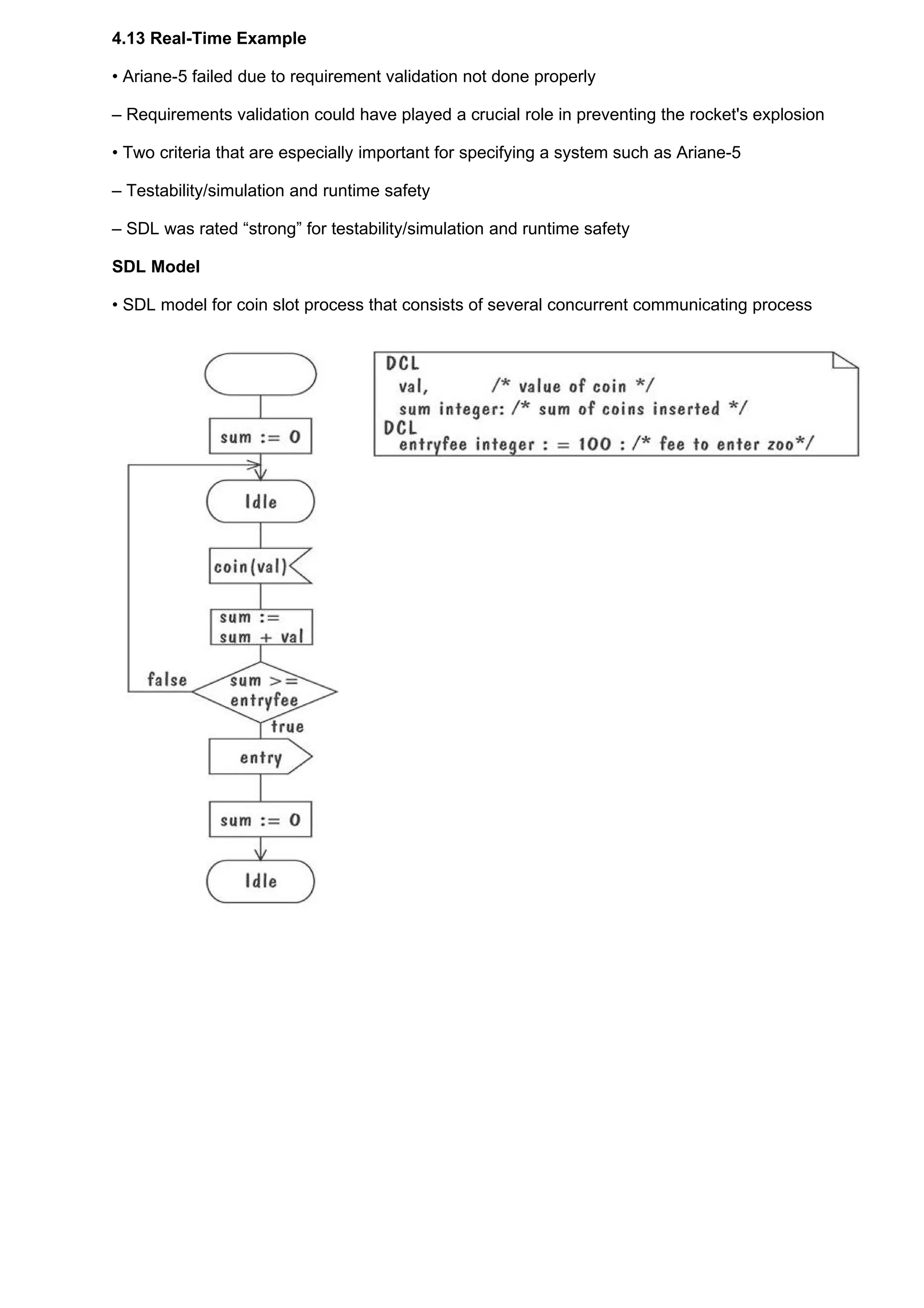 4.13 Real-Time Example

• Ariane-5 failed due to requirement validation not done properly

– Requirements validation could have played a crucial role in preventing the rocket's explosion

• Two criteria that are especially important for specifying a system such as Ariane-5

– Testability/simulation and runtime safety

– SDL was rated “strong” for testability/simulation and runtime safety

SDL Model

• SDL model for coin slot process that consists of several concurrent communicating process
 