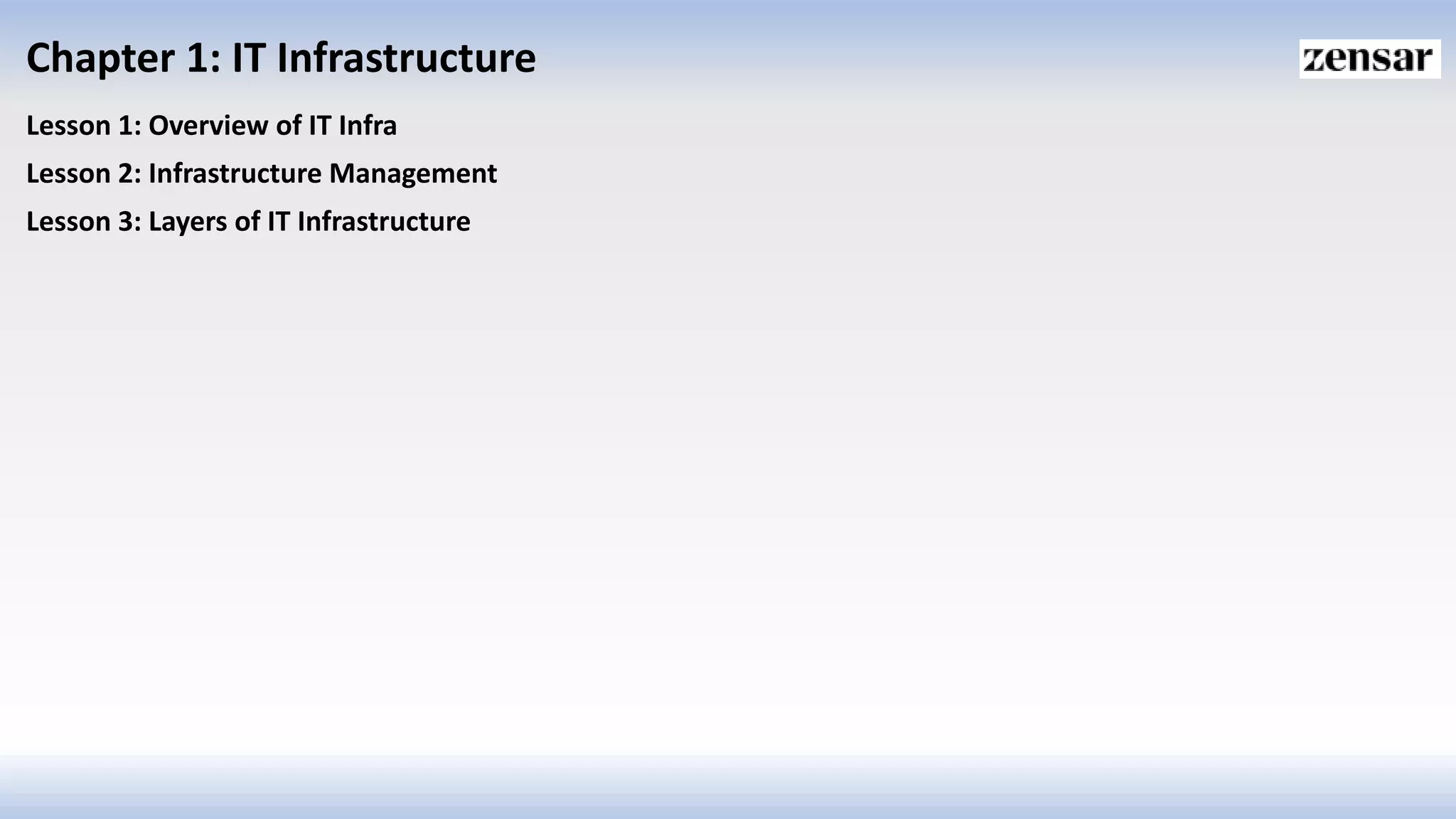 Chapter 1: IT Infrastructure
Lesson 1: Overview of IT Infra
Lesson 2: Infrastructure Management
Lesson 3: Layers of IT Infrastructure
 