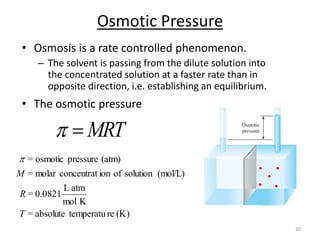 30
Osmotic Pressure
• Osmosis is a rate controlled phenomenon.
– The solvent is passing from the dilute solution into
the concentrated solution at a faster rate than in
opposite direction, i.e. establishing an equilibrium.
• The osmotic pressure
MRT

p
(K)
re
temperatu
absolute
=
K
mol
atm
L
0.0821
=
(mol/L)
solution
of
ion
concentrat
molar
=
(atm)
pressure
osmotic
=
T
R
M
p
 