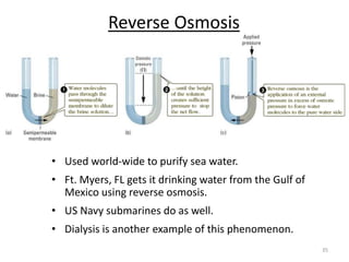 Reverse Osmosis
• Used world-wide to purify sea water.
• Ft. Myers, FL gets it drinking water from the Gulf of
Mexico using reverse osmosis.
• US Navy submarines do as well.
• Dialysis is another example of this phenomenon.
35
 