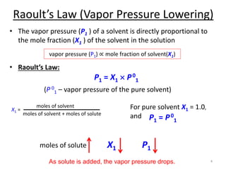 Raoult’s Law (Vapor Pressure Lowering)
• The vapor pressure (P1 ) of a solvent is directly proportional to
the mole fraction (X1 ) of the solvent in the solution
• Raoult’s Law:
P1 = X1  P0
1
(P 0
1 – vapor pressure of the pure solvent)
4
vapor pressure (P1) ∝ mole fraction of solvent(X1)
As solute is added, the vapor pressure drops.
X1 P1
For pure solvent X1 = 1.0,
and
X1 =
moles of solvent
moles of solvent + moles of solute
P1 = P0
1
moles of solute
 