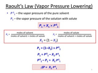 • P 0
1 – the vapor pressure of the pure solvent
P1 – the vapor pressure of the solution with solute
5
Raoult’s Law (Vapor Pressure Lowering)
X1 =
moles of solvent
moles of solvent + moles of solute
P1 = (1–X2)  P0
1
X2 =
moles of solute
moles of solvent + moles of solute
X1 = (1 – X2)
P1 = P0
1 – X2 P0
1
P0
1 – P1 = X2 P0
1
DP = X2 P0
1
P1 = X1  P0
1
 