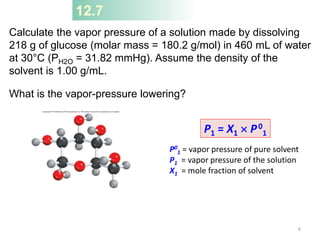 12.7
Calculate the vapor pressure of a solution made by dissolving
218 g of glucose (molar mass = 180.2 g/mol) in 460 mL of water
at 30°C (PH2O = 31.82 mmHg). Assume the density of the
solvent is 1.00 g/mL.
What is the vapor-pressure lowering?
P1 = X1  P0
1
P0
1 = vapor pressure of pure solvent
P1 = vapor pressure of the solution
X1 = mole fraction of solvent
6
 