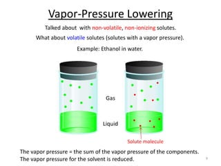 Vapor-Pressure Lowering
Talked about with non-volatile, non-ionizing solutes.
The vapor pressure = the sum of the vapor pressure of the components.
The vapor pressure for the solvent is reduced.
What about volatile solutes (solutes with a vapor pressure).
Example: Ethanol in water.
Liquid
Gas
Solute molecule
9
 