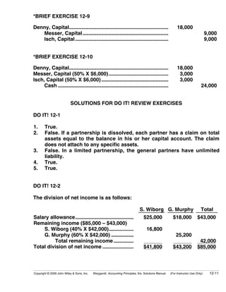 *BRIEF EXERCISE 12-9

Denny, Capital................................................................................             18,000
   Messer, Capital .....................................................................                                          9,000
   Isch, Capital ...........................................................................                                      9,000


*BRIEF EXERCISE 12-10

Denny, Capital................................................................................             18,000
Messer, Capital (50% X $6,000) ................................................                             3,000
Isch, Capital (50% X $6,000) ......................................................                         3,000
     Cash .........................................................................................                          24,000


                           SOLUTIONS FOR DO IT! REVIEW EXERCISES

DO IT! 12-1

1.      True.
2.      False. If a partnership is dissolved, each partner has a claim on total
        assets equal to the balance in his or her capital account. The claim
        does not attach to any specific assets.
3.      False. In a limited partnership, the general partners have unlimited
        liability.
4.      True.
5.      True.


DO IT! 12-2

The division of net income is as follows:

                                                                             S. Wiborg G. Murphy                             Total
Salary allowance...............................................                 $25,000                 $18,000           $43,000
Remaining income ($85,000 – $43,000)
    S. Wiborg (40% X $42,000)....................                                 16,800
    G. Murphy (60% X $42,000) ..................                                                          25,200
         Total remaining income ................                                                                           42,000
Total division of net income .........................                          $41,800                 $43,200           $85,000




Copyright © 2009 John Wiley & Sons, Inc.   Weygandt, Accounting Principles, 9/e, Solutions Manual     (For Instructor Use Only)     12-11
 