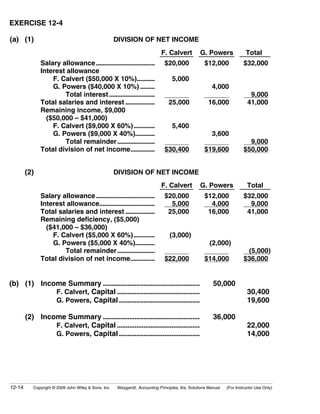 EXERCISE 12-4

(a) (1)                                               DIVISION OF NET INCOME
                                                                             F. Calvert          G. Powers               Total
              Salary allowance ....................................           $20,000              $12,000              $32,000
              Interest allowance
                  F. Calvert ($50,000 X 10%)...........                           5,000
                  G. Powers ($40,000 X 10%) .........                                                  4,000
                      Total interest ............................                                                          9,000
              Total salaries and interest ..................                     25,000              16,000               41,000
              Remaining income, $9,000
                ($50,000 – $41,000)
                  F. Calvert ($9,000 X 60%).............                          5,400
                  G. Powers ($9,000 X 40%)............                                                 3,600
                      Total remainder .......................                                                             9,000
              Total division of net income...............                     $30,400              $19,600              $50,000


        (2)                                           DIVISION OF NET INCOME
                                                                             F. Calvert          G. Powers                Total
              Salary allowance ....................................          ($20,000)            ($12,000              $32,000
              Interest allowance..................................           ( 5,000)             ( 4,000                 9,000
              Total salaries and interest ..................                 ( 25,000)            ( 16,000               41,000
              Remaining deficiency, ($5,000)
                ($41,000 – $36,000)
                  F. Calvert ($5,000 X 60%).............                     ( (3,000)
                  G. Powers ($5,000 X 40%)............                                            ( (2,000)
                      Total remainder .......................                (       )                                   (5,000)
              Total division of net income...............                    ($22,000)            ($14,000              $36,000


(b) (1) Income Summary .......................................................                          50,000
            F. Calvert, Capital ...............................................                                           30,400
            G. Powers, Capital ..............................................                                             19,600

        (2) Income Summary .......................................................                      36,000
                F. Calvert, Capital ...............................................                                       22,000
                G. Powers, Capital ..............................................                                         14,000




12-14      Copyright © 2009 John Wiley & Sons, Inc.   Weygandt, Accounting Principles, 9/e, Solutions Manual   (For Instructor Use Only)
 