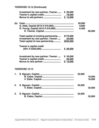 *EXERCISE 12-12 (Continued)

        Investment by new partner, Twener .......                                 $ 90,000
        Twener’s capital credit................................                     78,000
        Bonus to old partners .................................                   $ 12,000

(b) Cash .........................................................................................         50,000
    G. Olde, Capital (6/10 X $16,000).....................................                                  9,600
    R. Young, Capital (4/10 X $16,000) .................................                                    6,400
        K. Twener, Capital.......................................................                                           66,000

        Total capital of existing partnership .....                               $170,000
        Investment by new partner, Twener ......                                    50,000
        Total capital of new partnership .............                            $220,000

        Twener’s capital credit
          (30% X $220,000) ...................................                    $ 66,000


        Investment by new partner, Twener ......                                  $ 50,000
        Twener’s capital credit...............................                      66,000
        Bonus to new partner.................................                     $ 16,000


*EXERCISE 12-13

1.      S. Nguyen, Capital ...............................................................                32,000
            B. Cates, Capital..........................................................                                     16,000
            V. Elder, Capital...........................................................                                    16,000

2.      S. Nguyen, Capital ...............................................................                32,000
            V. Elder, Capital...........................................................                                    32,000

3.      S. Nguyen, Capital ...............................................................                32,000
            B. Cates, Capital..........................................................                                     32,000




Copyright © 2009 John Wiley & Sons, Inc.   Weygandt, Accounting Principles, 9/e, Solutions Manual    (For Instructor Use Only)   12-19
 