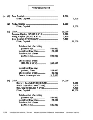 *PROBLEM 12-4B


(a) (1) Bea, Capital ..................................................................                     7,500
            Ellen, Capital .......................................................                                            7,500

        (2) Andy, Capital ...............................................................                   8,000
               Ellen, Capital .......................................................                                         8,000

        (3) Cash................................................................................          29,000
            Barney, Capital ($7,000 X 5/10) ..............................                                 3,500
            Andy, Capital ($7,000 X 3/10)..................................                                2,100
            Bea, Capital ($7,000 X 2/10).....................................                              1,400
                Ellen, Capital .......................................................                                      36,000

                            Total capital of existing
                              partnership ........................                   $61,000
                            Investment by Ellen.............                          29,000
                            Total capital of new
                              partnership ........................                   $90,000

                            Ellen capital credit
                               ($90,000 X 40%).................                      $36,000

                            Investment by new
                               partner, Ellen ....................                   $29,000
                            Ellen capital credit...............                       36,000
                            Bonus to new partner.........                            $ 7,000

        (4) Cash................................................................................          24,000
               Barney, Capital ($7,000 X 5/10) .....................                                                         3,500
               Andy, Capital ($7,000 X 3/10).........................                                                        2,100
               Bea, Capital ($7,000 X 2/10)............................                                                      1,400
               Ellen, Capital .......................................................                                       17,000

                            Total capital of existing
                              partnership ........................                   $61,000
                            Investment by Ellen.............                          24,000
                            Total capital of new
                              partnership ........................                   $85,000


12-38       Copyright © 2009 John Wiley & Sons, Inc.    Weygandt, Accounting Principles, 9/e, Solutions Manual   (For Instructor Use Only)
 