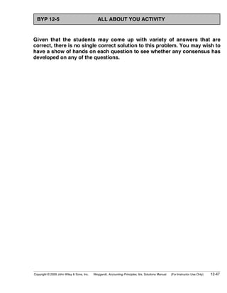 BYP 12-5                                    ALL ABOUT YOU ACTIVITY


Given that the students may come up with variety of answers that are
correct, there is no single correct solution to this problem. You may wish to
have a show of hands on each question to see whether any consensus has
developed on any of the questions.




Copyright © 2009 John Wiley & Sons, Inc.   Weygandt, Accounting Principles, 9/e, Solutions Manual   (For Instructor Use Only)   12-47
 