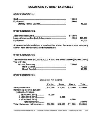 SOLUTIONS TO BRIEF EXERCISES

BRIEF EXERCISE 12-1

Cash ..............................................................................................      10,000
Equipment...................................................................................              5,000
    Stanley Farrin, Capital....................................................                                              15,000


BRIEF EXERCISE 12-2

Accounts Receivable...............................................................                     $16,000
Less: Allowance for doubtful accounts ............................                                       2,500             $13,500
Equipment...................................................................................                                11,000

Accumulated depreciation should not be shown because a new company
cannot have any accumulated depreciation.


BRIEF EXERCISE 12-3

The division is: Held $42,000 ($70,000 X 60%) and Bond $28,000 ($70,000 X 40%).
The entry is:
    Income Summary.............................................................       70,000
          Held, Capital .............................................................        42,000
          Bond, Capital............................................................          28,000

BRIEF EXERCISE 12-4

                                                 Division of Net Income

                                                               Espino                Sears            Utech                  Total
Salary allowance............................                   $15,000             $ 5,000            $ 5,000             $25,000
Remaining income, $30,000:
  ($55,000 – $25,000)
      C ($30,000 X 50%) ..............                           15,000
      S ($30,000 X 30%) ..............                                               9,000
      N ($30,000 X 20%) ..............                                             000,000               6,000
           Total remainder..........                                                                                       30,000
Total division of net income ......                            $30,000             $14,000            $11,000             $55,000

Copyright © 2009 John Wiley & Sons, Inc.     Weygandt, Accounting Principles, 9/e, Solutions Manual   (For Instructor Use Only)   12-9
 